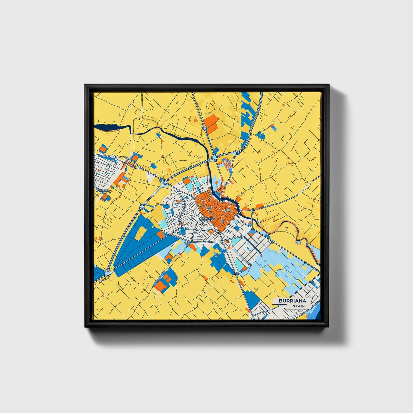 Burriana Spain Colorful City Map Canvas Print • Black Framed