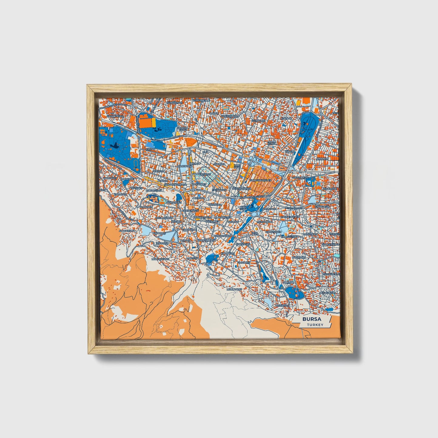 Bursa Turkey Colorful City Map Canvas Print • Natural Wooden Framed