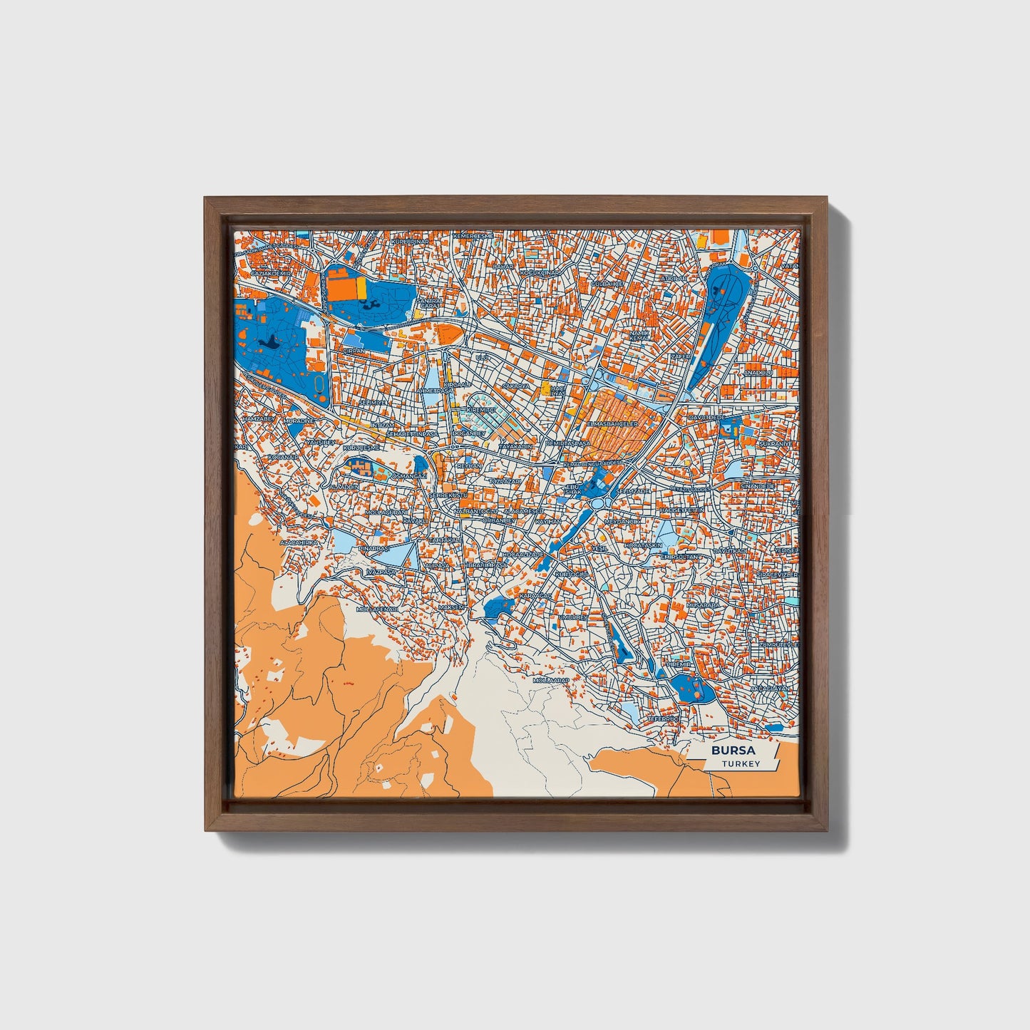 Bursa Turkey Colorful City Map Canvas Print • Dark Wooden Framed