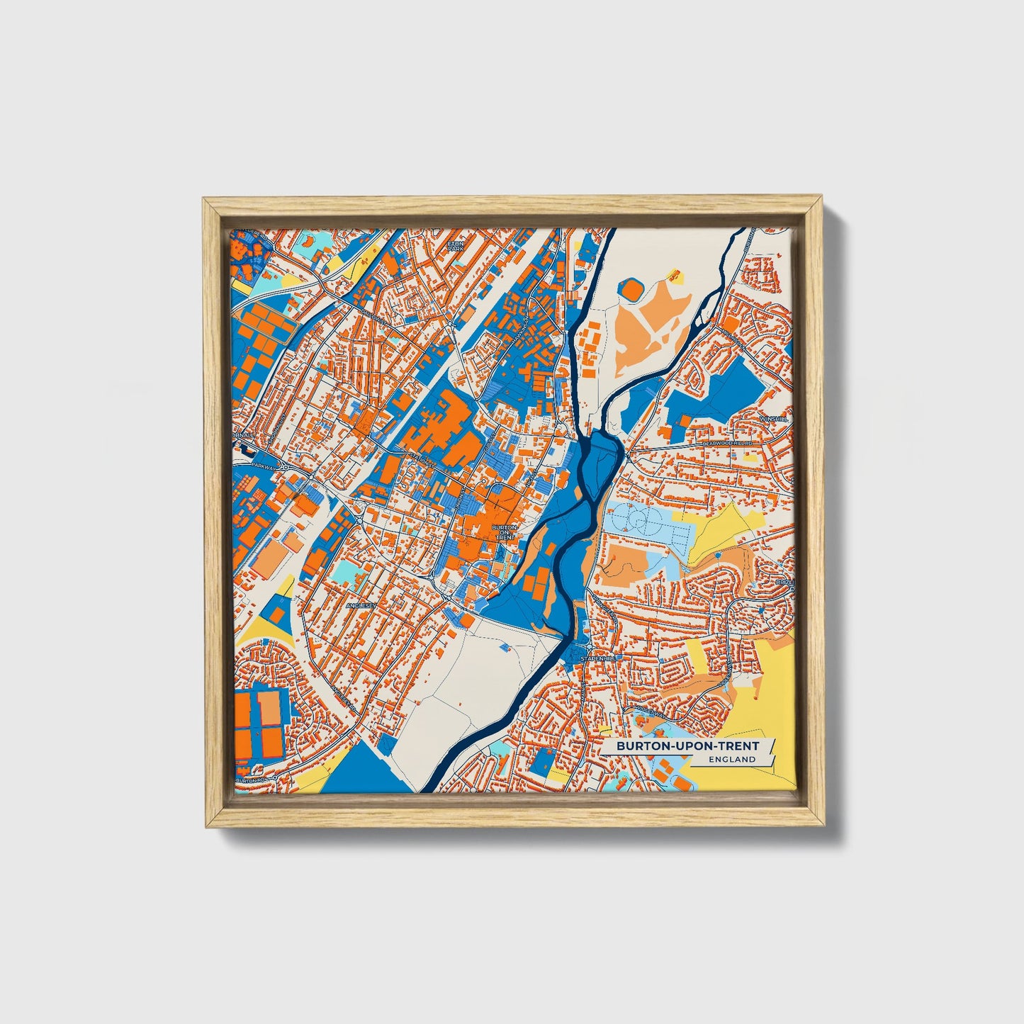 Burton-Upon-Trent England Colorful City Map Canvas Print • Natural Wooden Framed