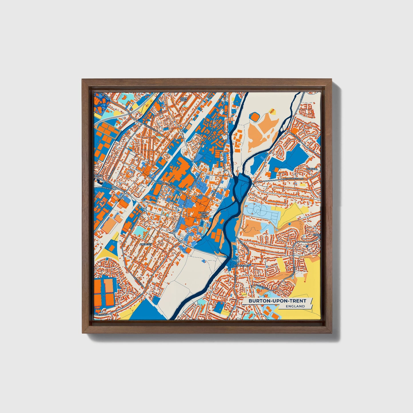 Burton-Upon-Trent England Colorful City Map Canvas Print • Dark Wooden Framed