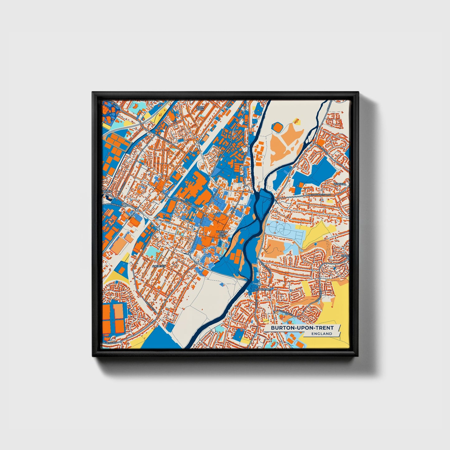 Burton-Upon-Trent England Colorful City Map Canvas Print • Black Framed