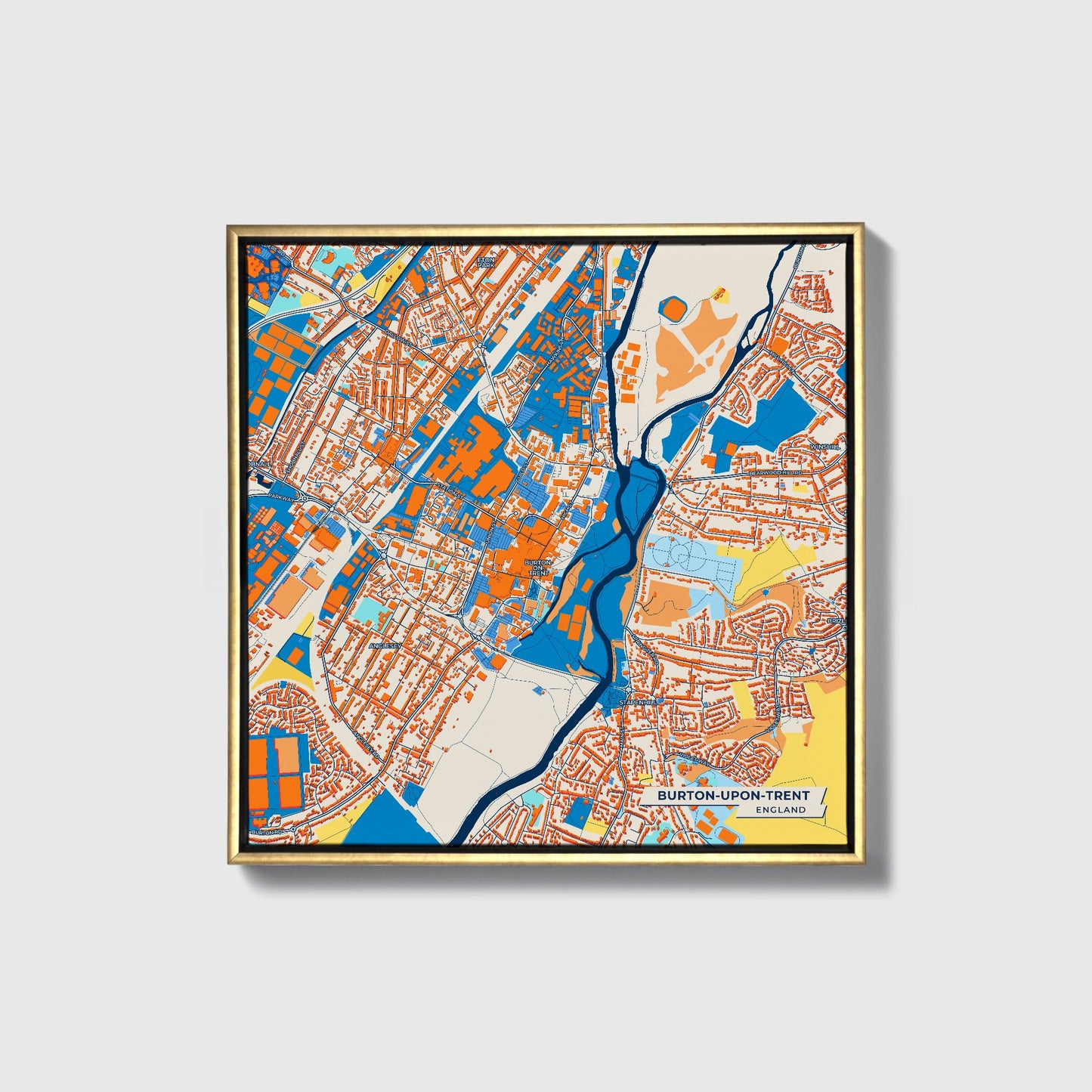 Burton-Upon-Trent England Colorful City Map Canvas Print • Gold Framed