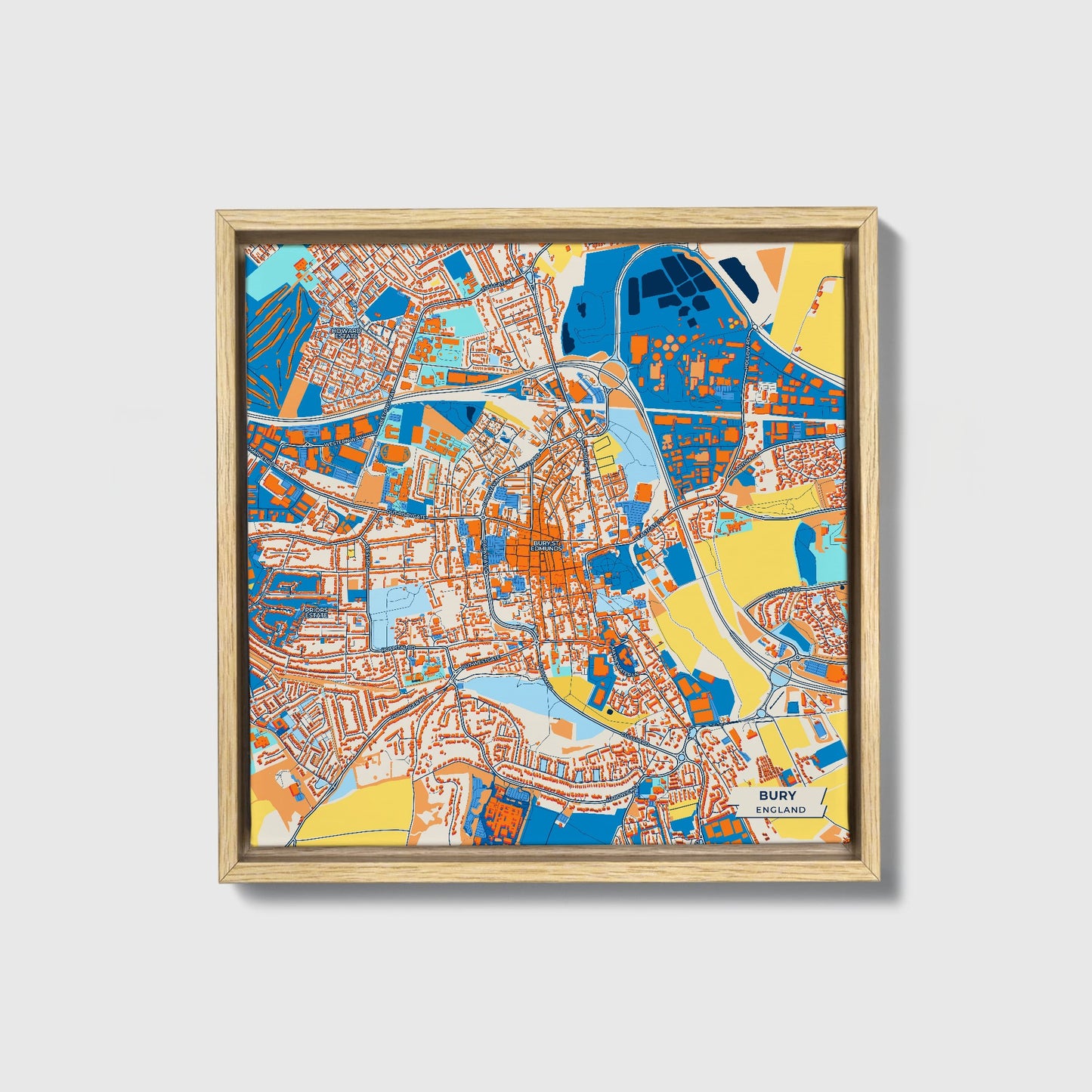 Bury England Colorful City Map Canvas Print • Natural Wooden Framed