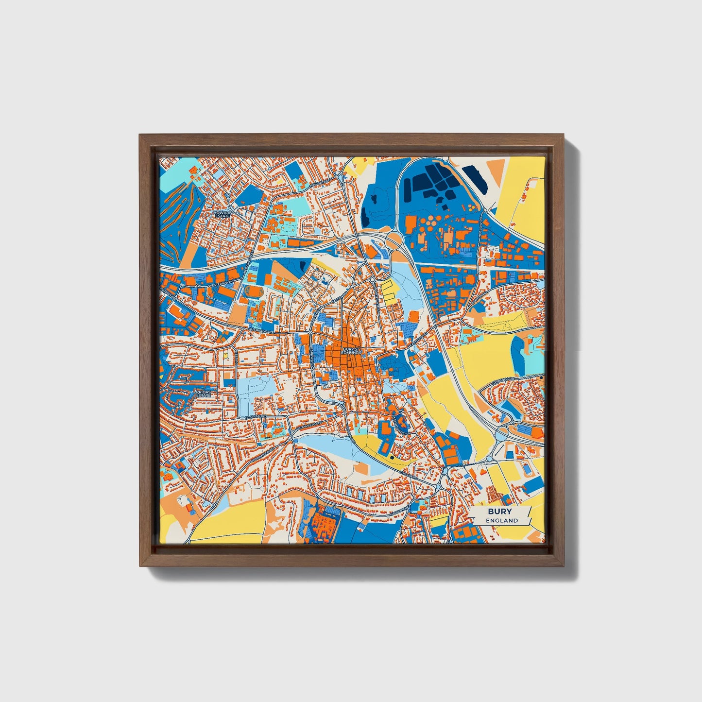 Bury England Colorful City Map Canvas Print • Dark Wooden Framed