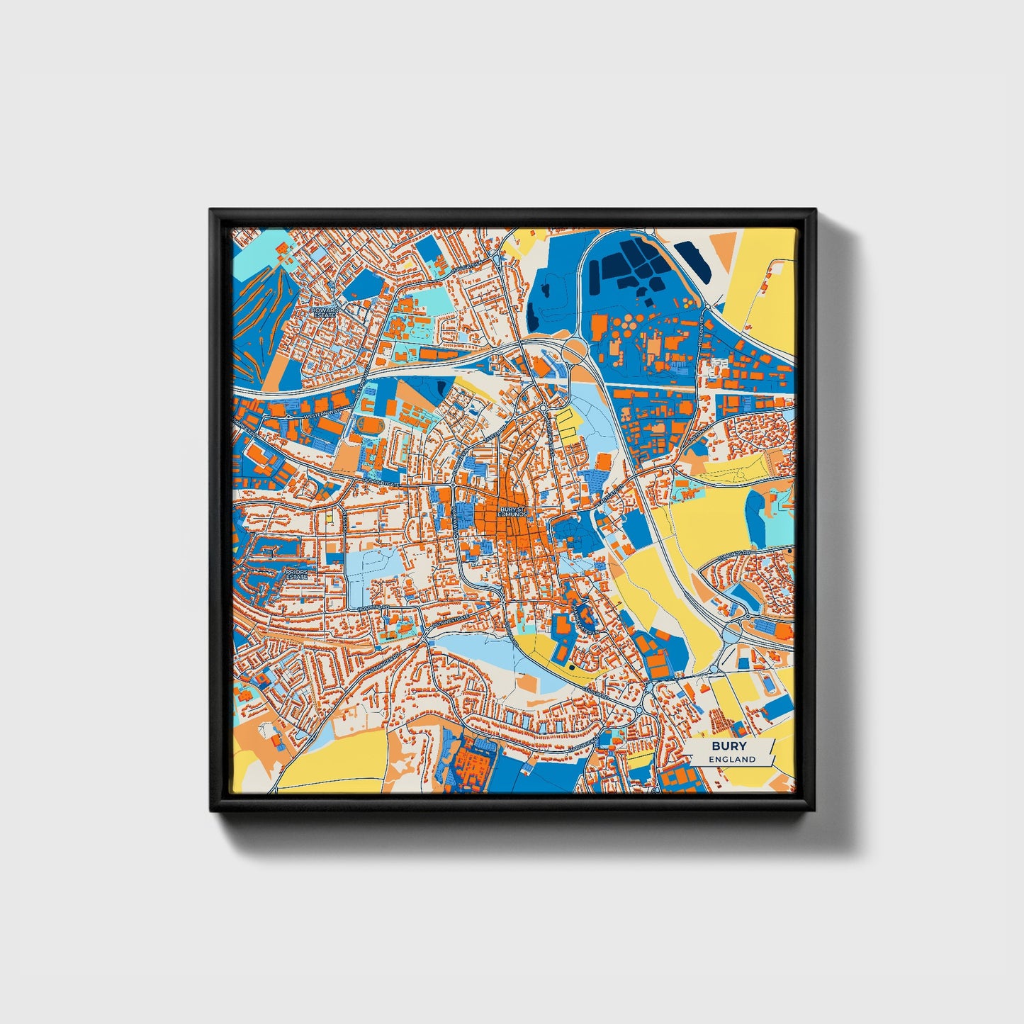 Bury England Colorful City Map Canvas Print • Black Framed