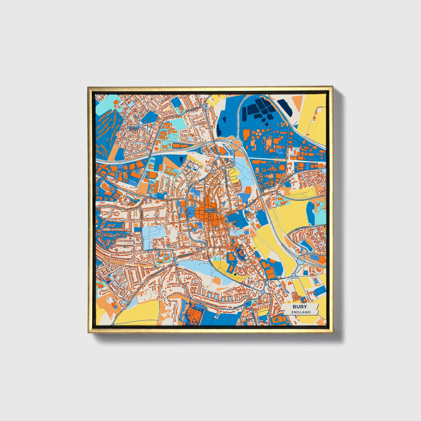 Bury England Colorful City Map Canvas Print • Gold Framed