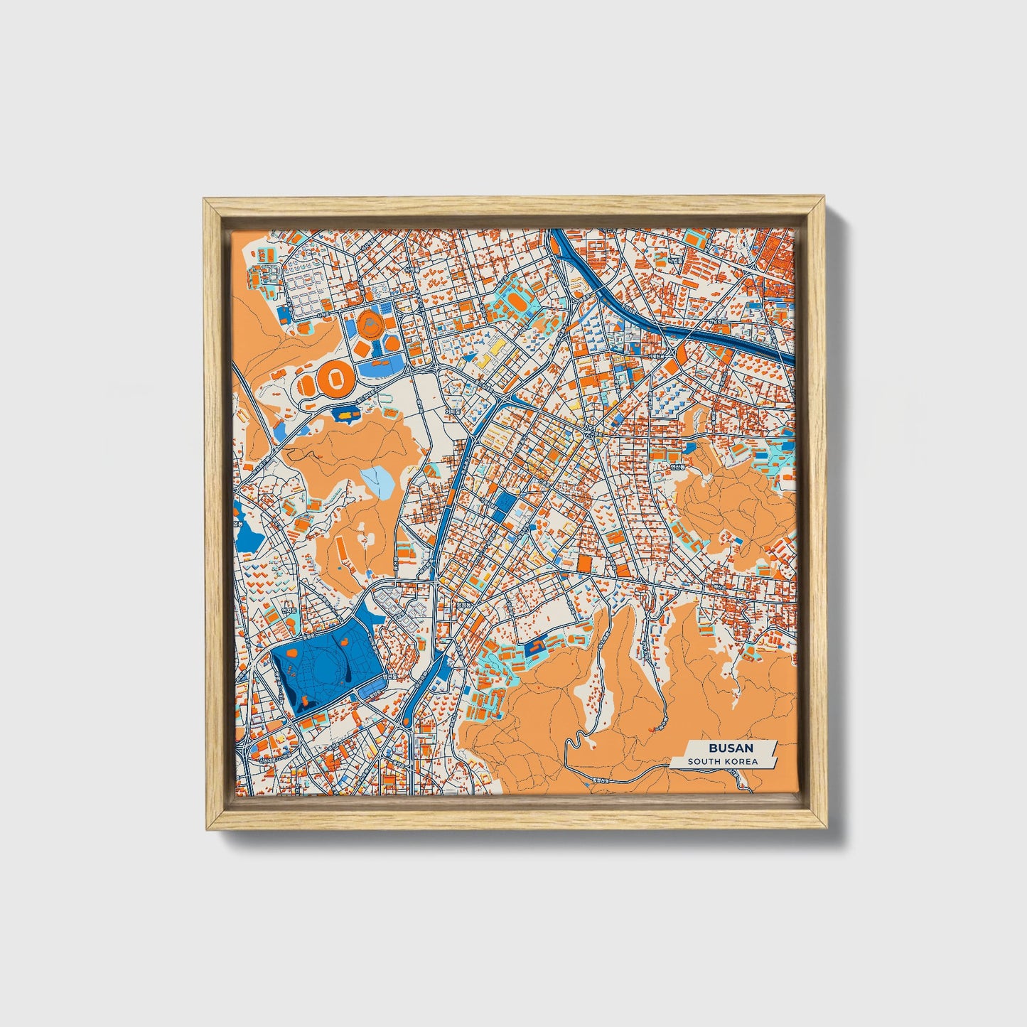 Busan South Korea Colorful City Map Canvas Print • Natural Wooden Framed