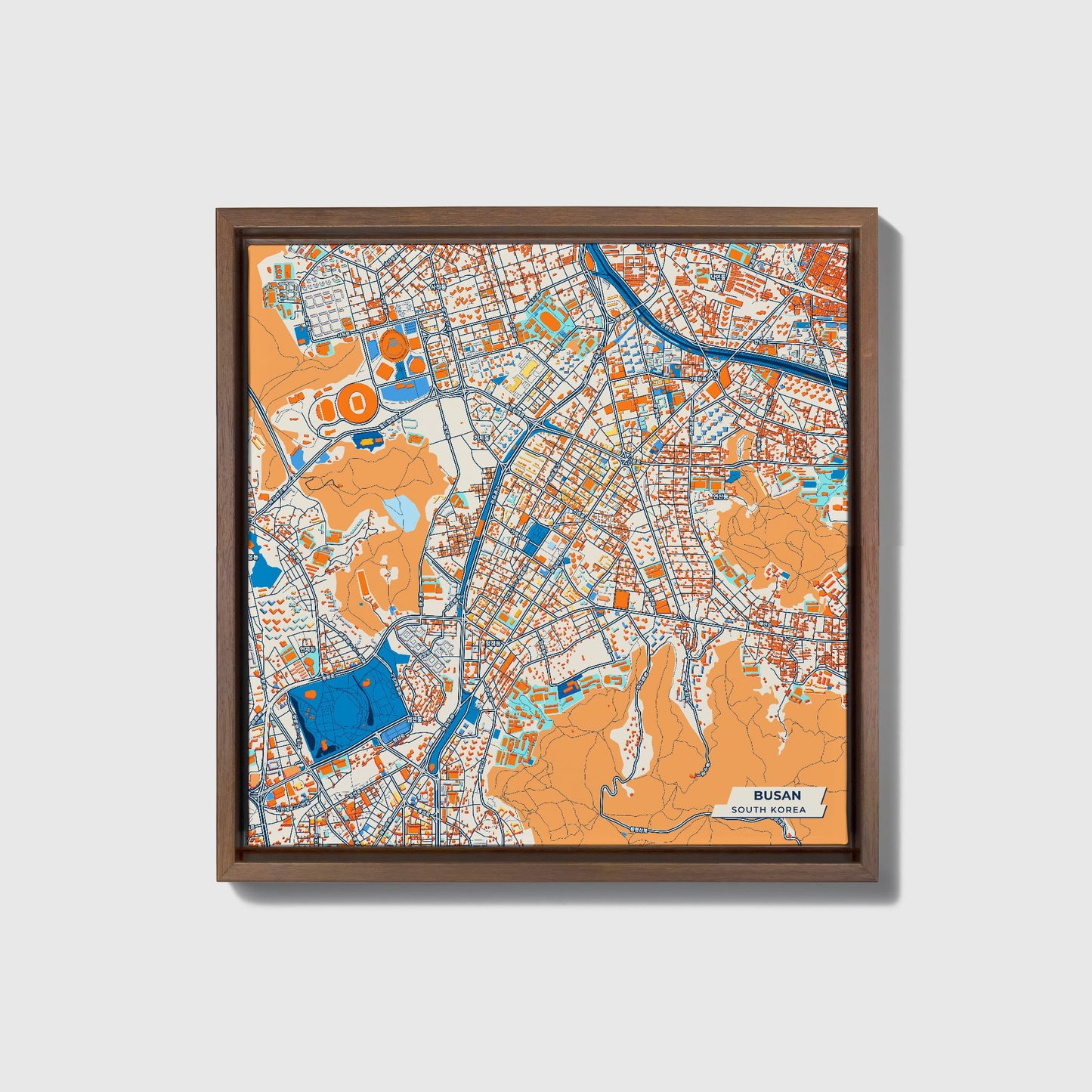 Busan South Korea Colorful City Map Canvas Print • Dark Wooden Framed