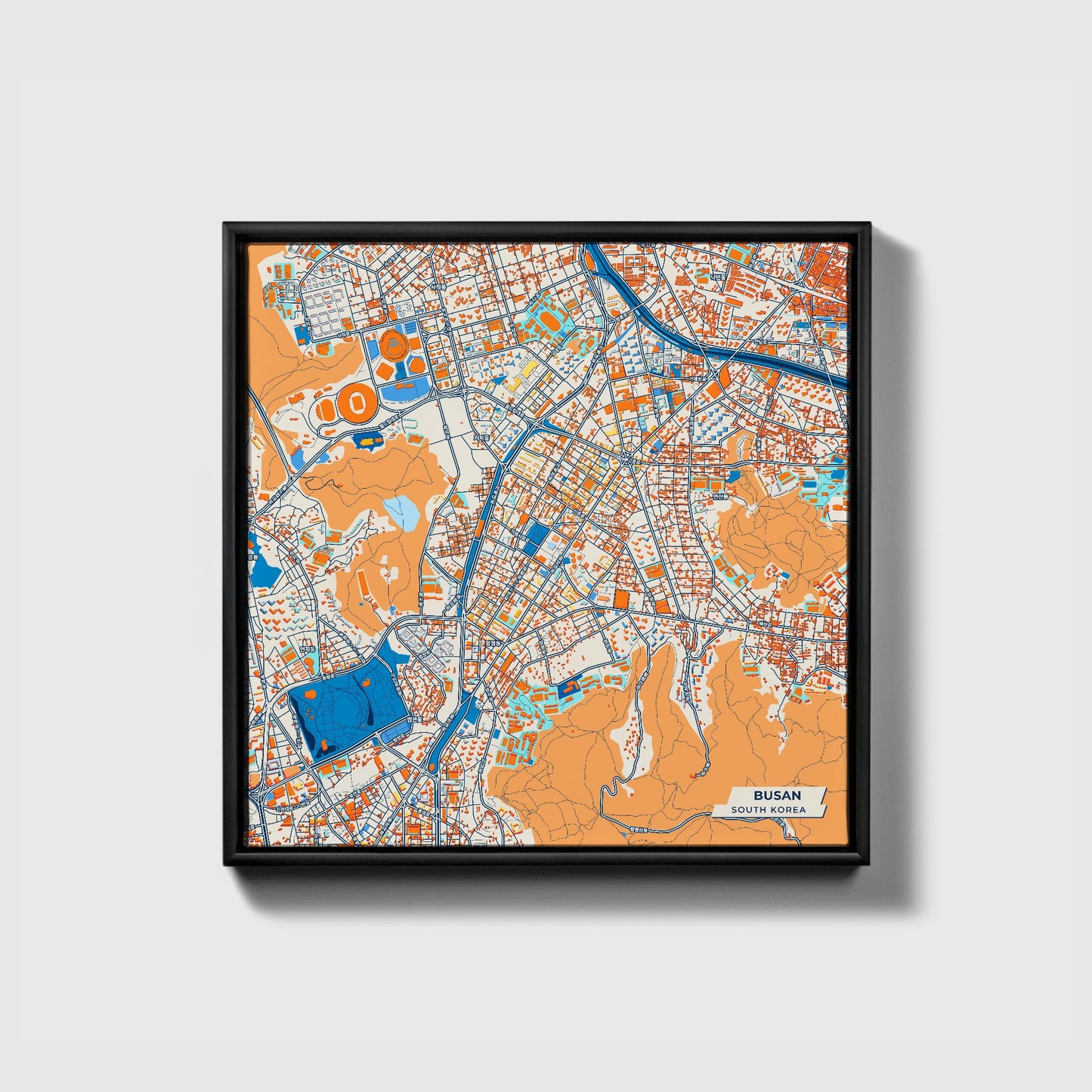 Busan South Korea Colorful City Map Canvas Print • Black Framed