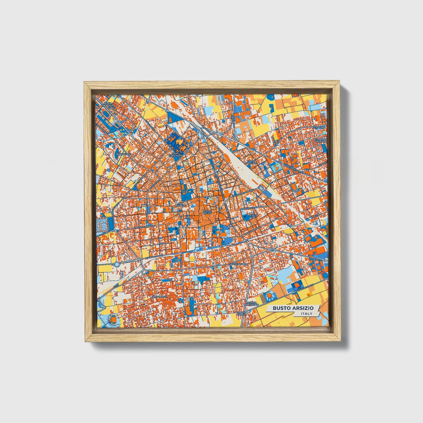Busto Arsizio Italy Colorful City Map Canvas Print • Natural Wooden Framed