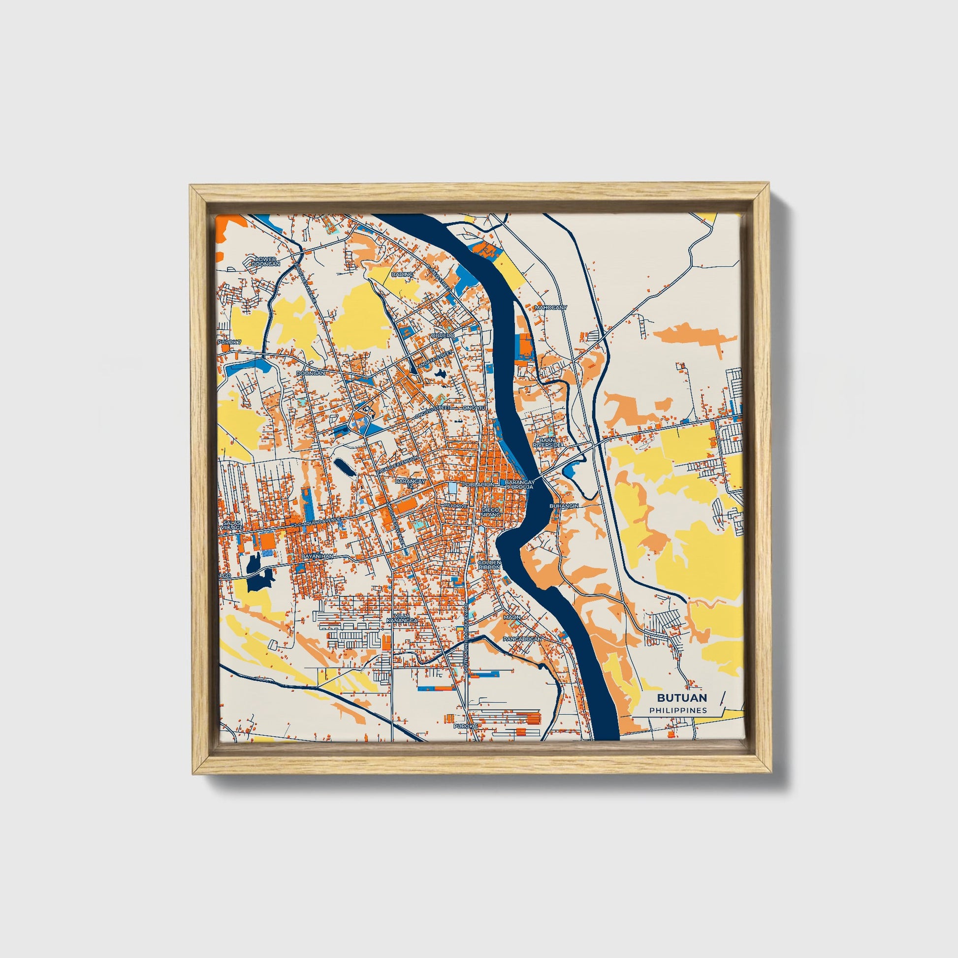 Butuan Philippines Colorful City Map Canvas Print • Natural Wooden Framed