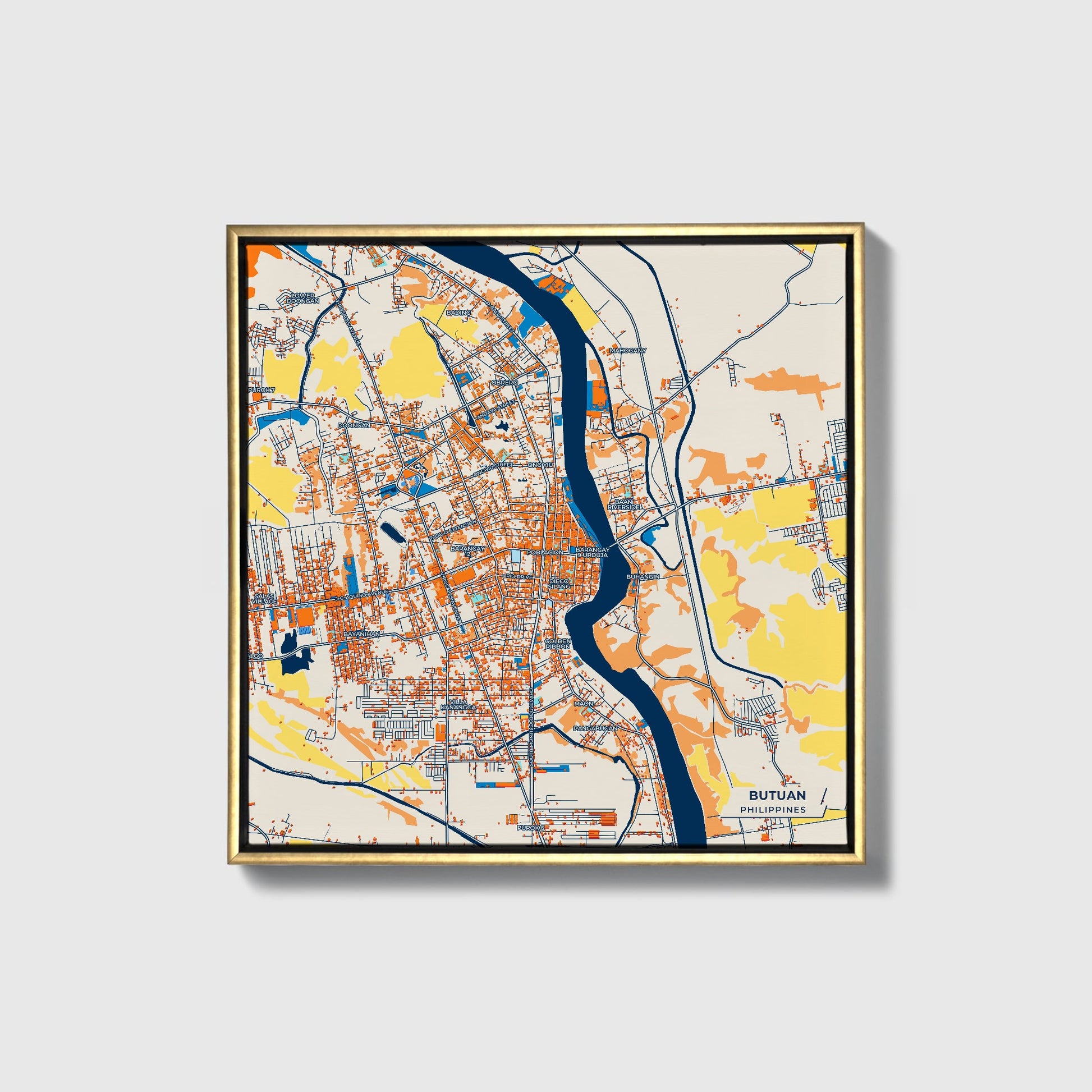 Butuan Philippines Colorful City Map Canvas Print • Gold Framed