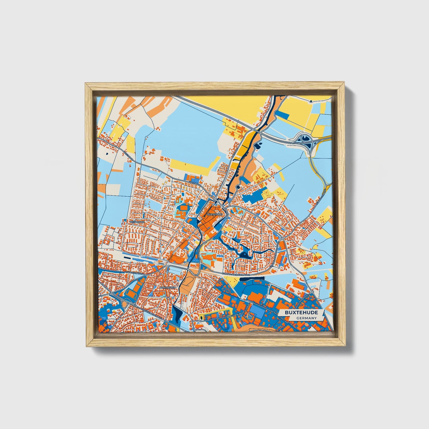 Buxtehude Germany Colorful City Map Canvas Print • Natural Wooden Framed