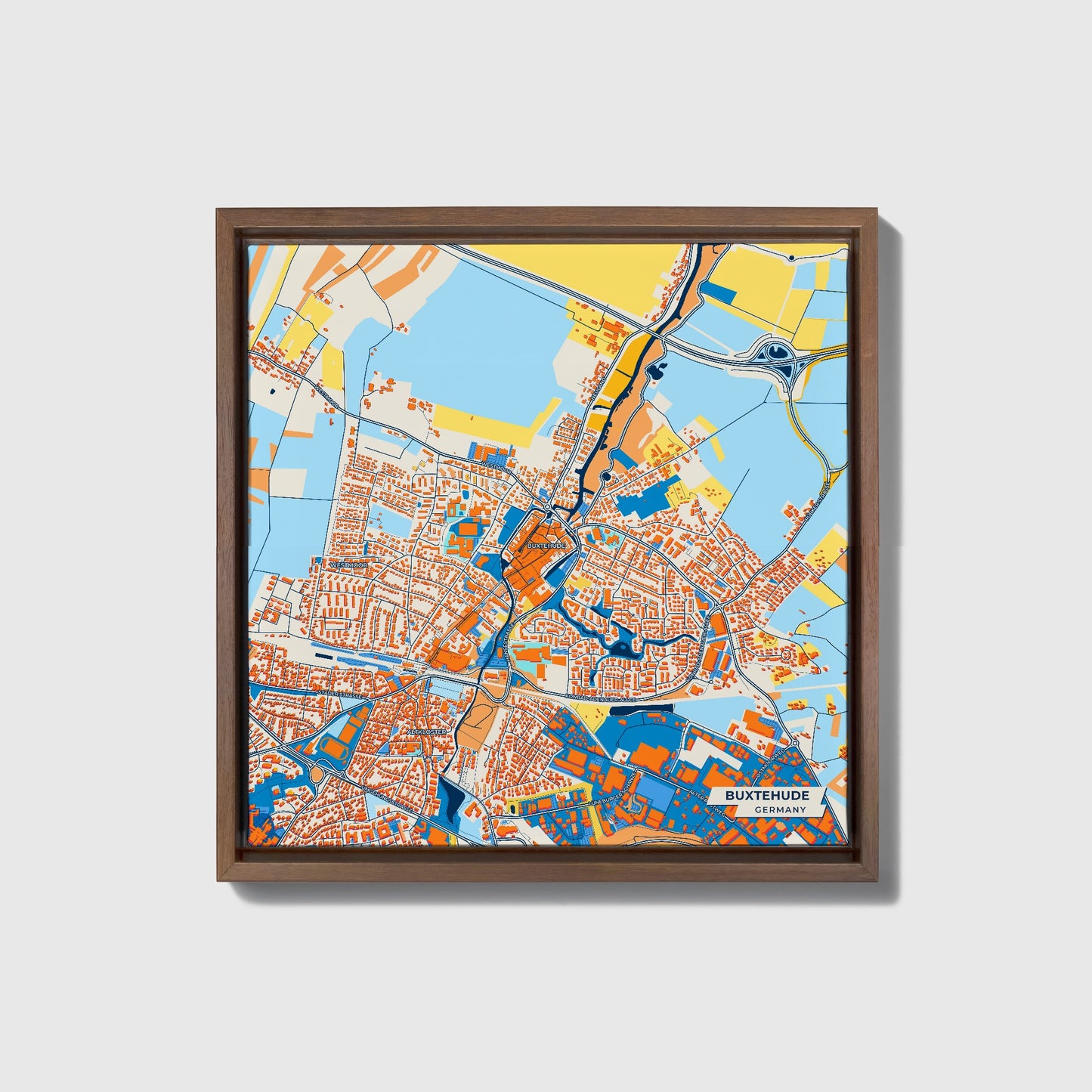 Buxtehude Germany Colorful City Map Canvas Print • Dark Wooden Framed
