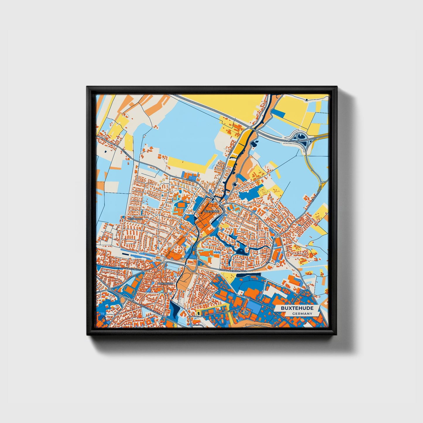 Buxtehude Germany Colorful City Map Canvas Print • Black Framed
