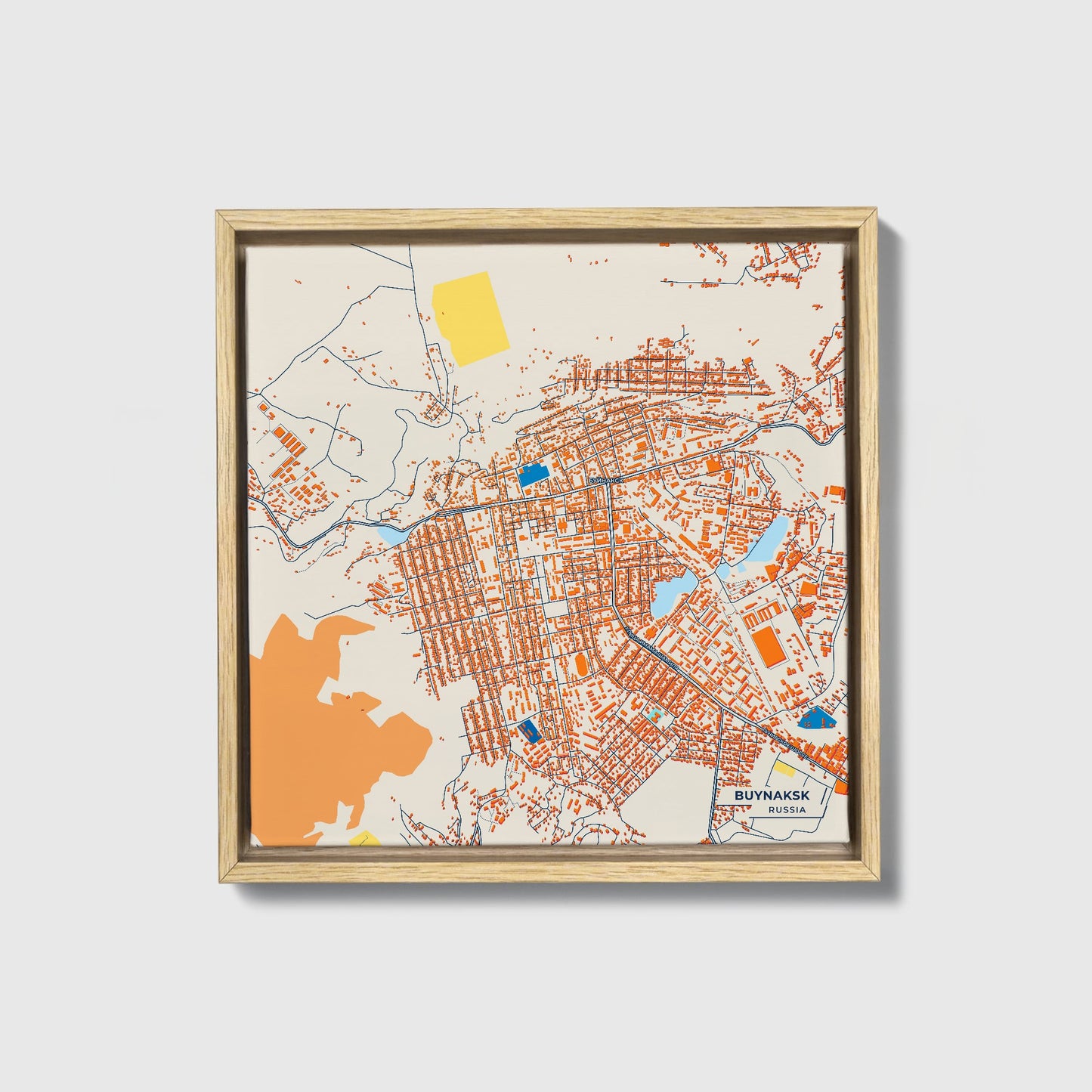 Буйнакск Russia Colorful City Map Canvas Print • Natural Wooden Framed