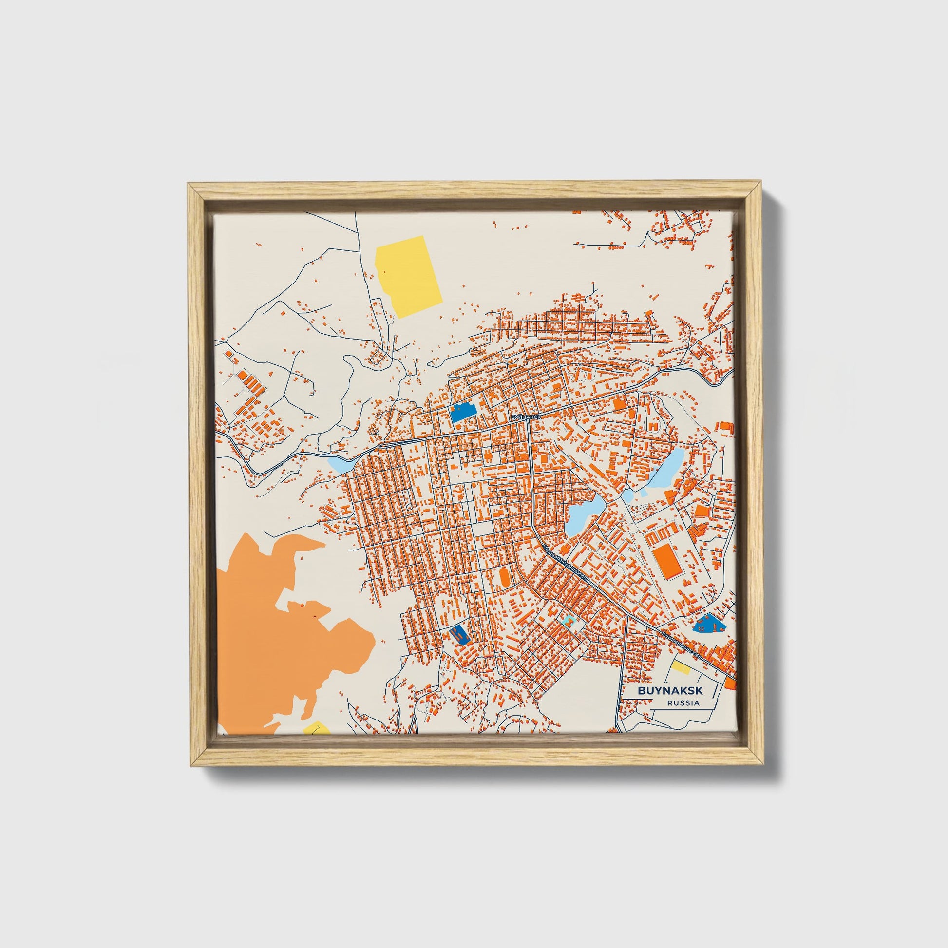 Буйнакск Russia Colorful City Map Canvas Print • Natural Wooden Framed