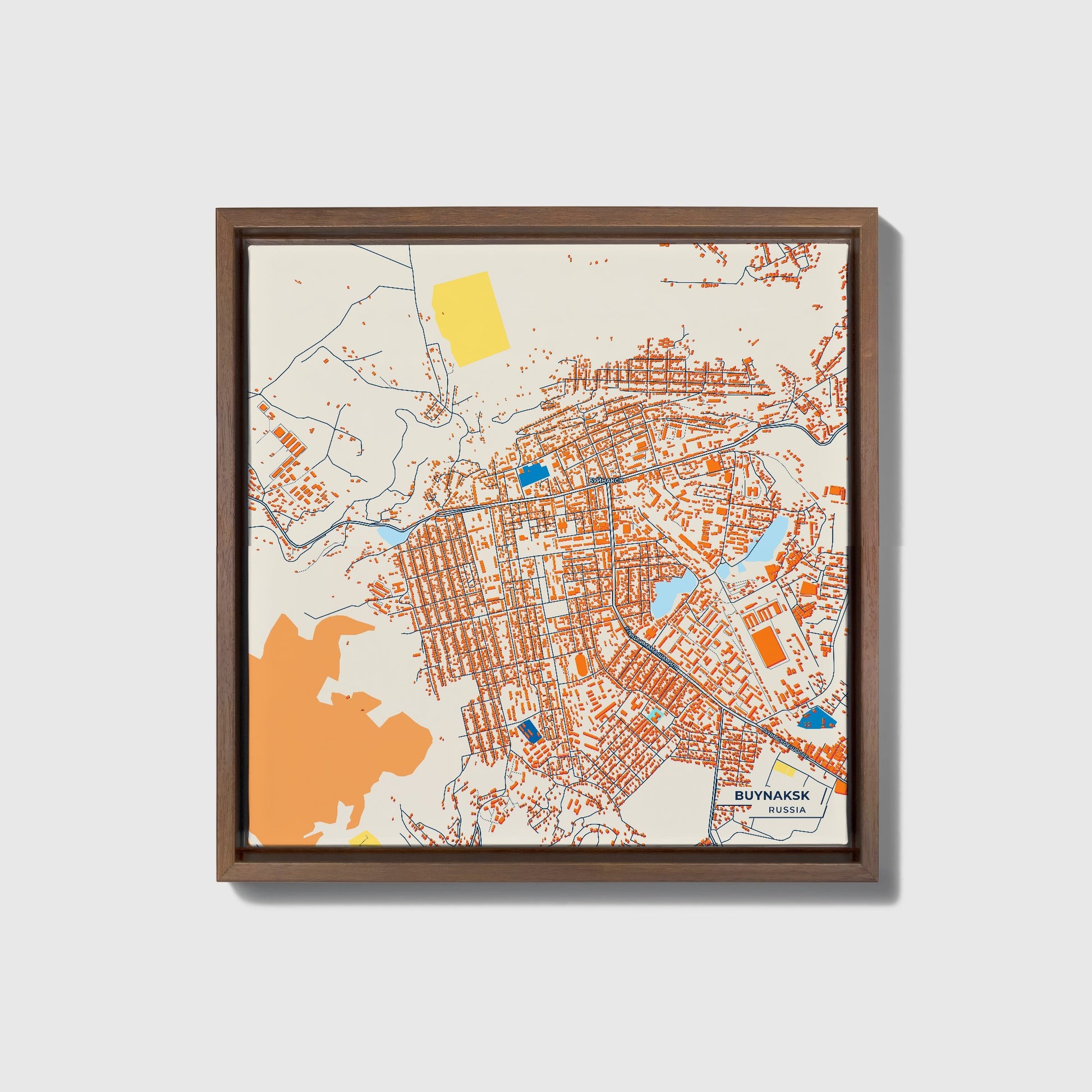 Буйнакск Russia Colorful City Map Canvas Print • Dark Wooden Framed