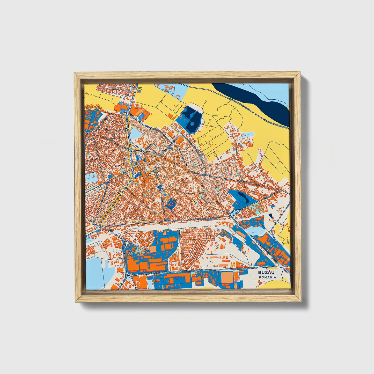Buzău Romania Colorful City Map Canvas Print • Natural Wooden Framed
