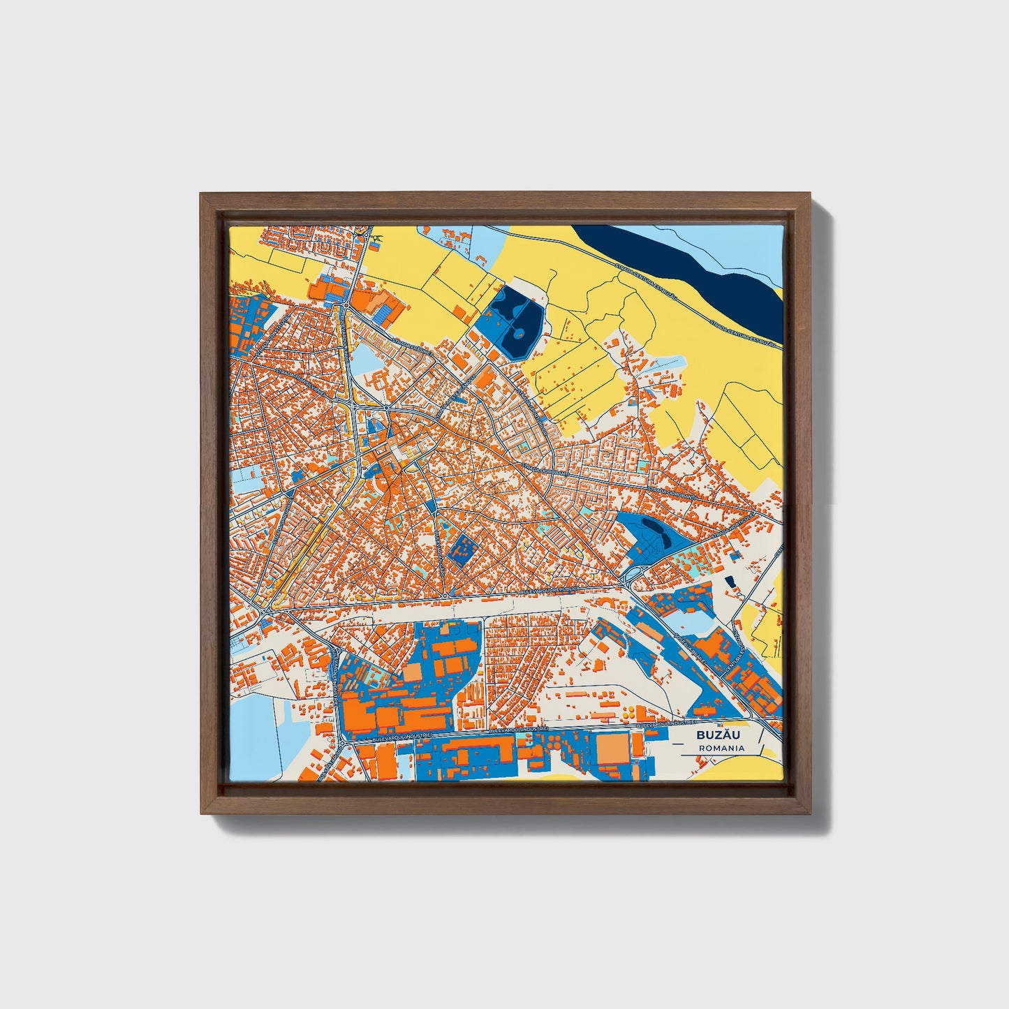 Buzău Romania Colorful City Map Canvas Print • Dark Wooden Framed