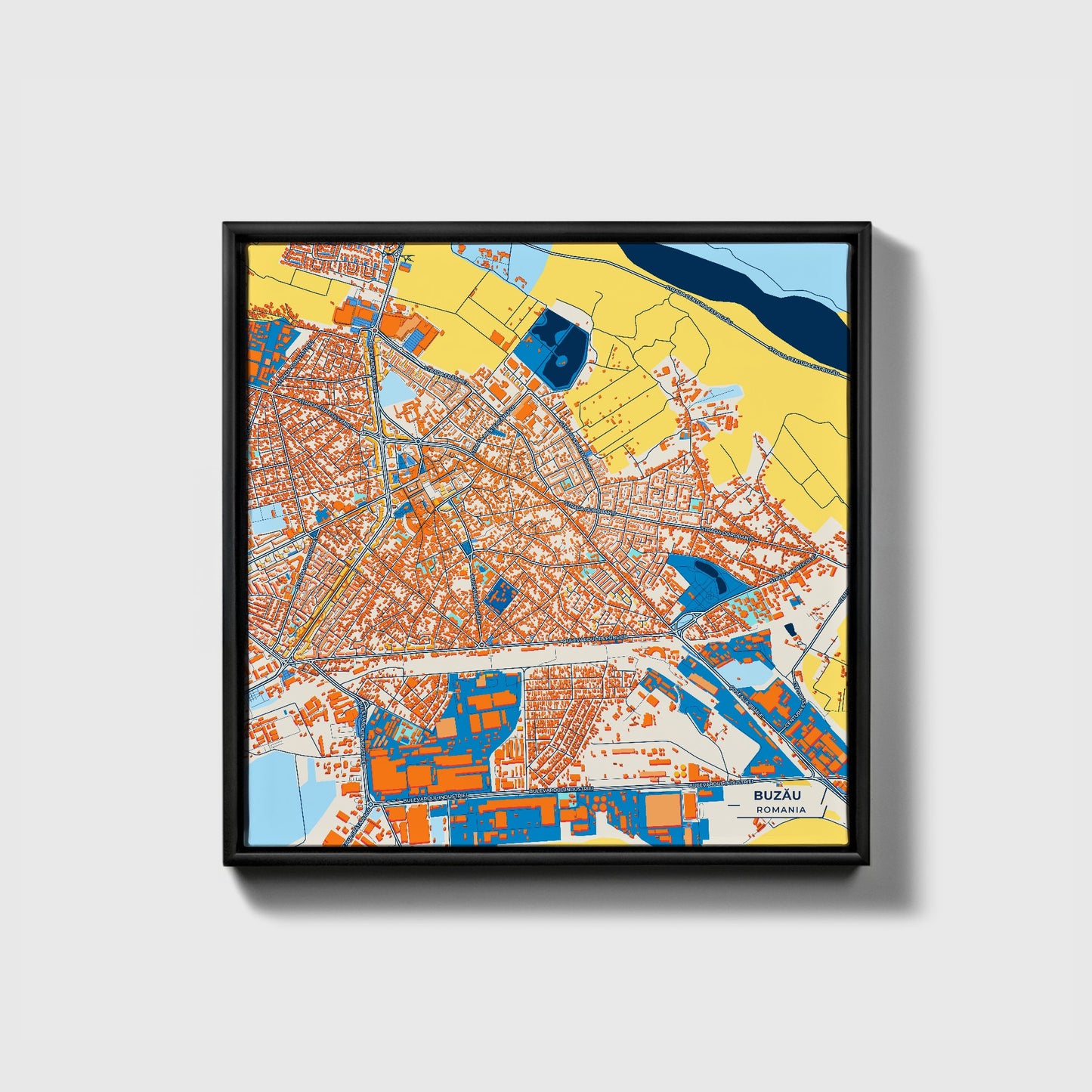 Buzău Romania Colorful City Map Canvas Print • Black Framed