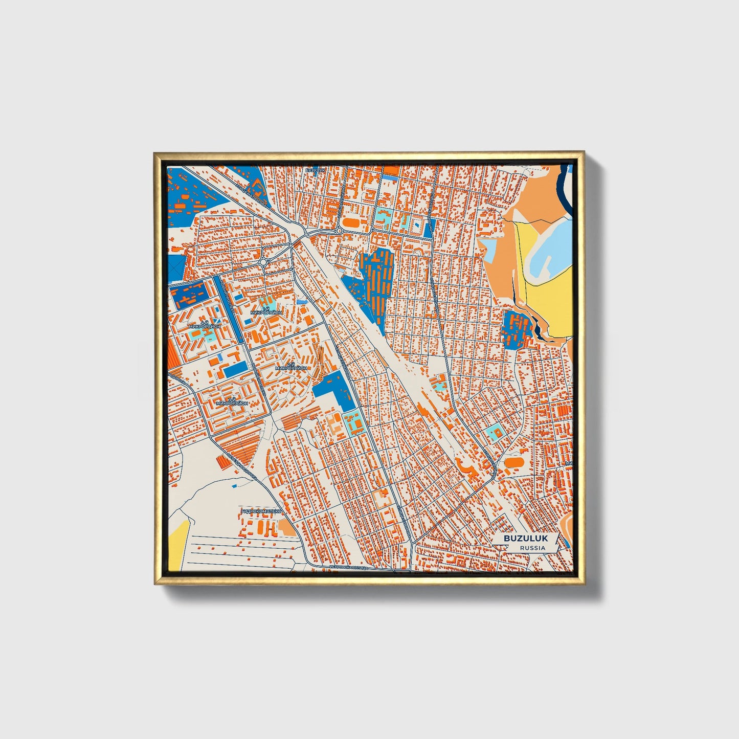 Buzuluk Russia Colorful City Map Canvas Print • Gold Framed