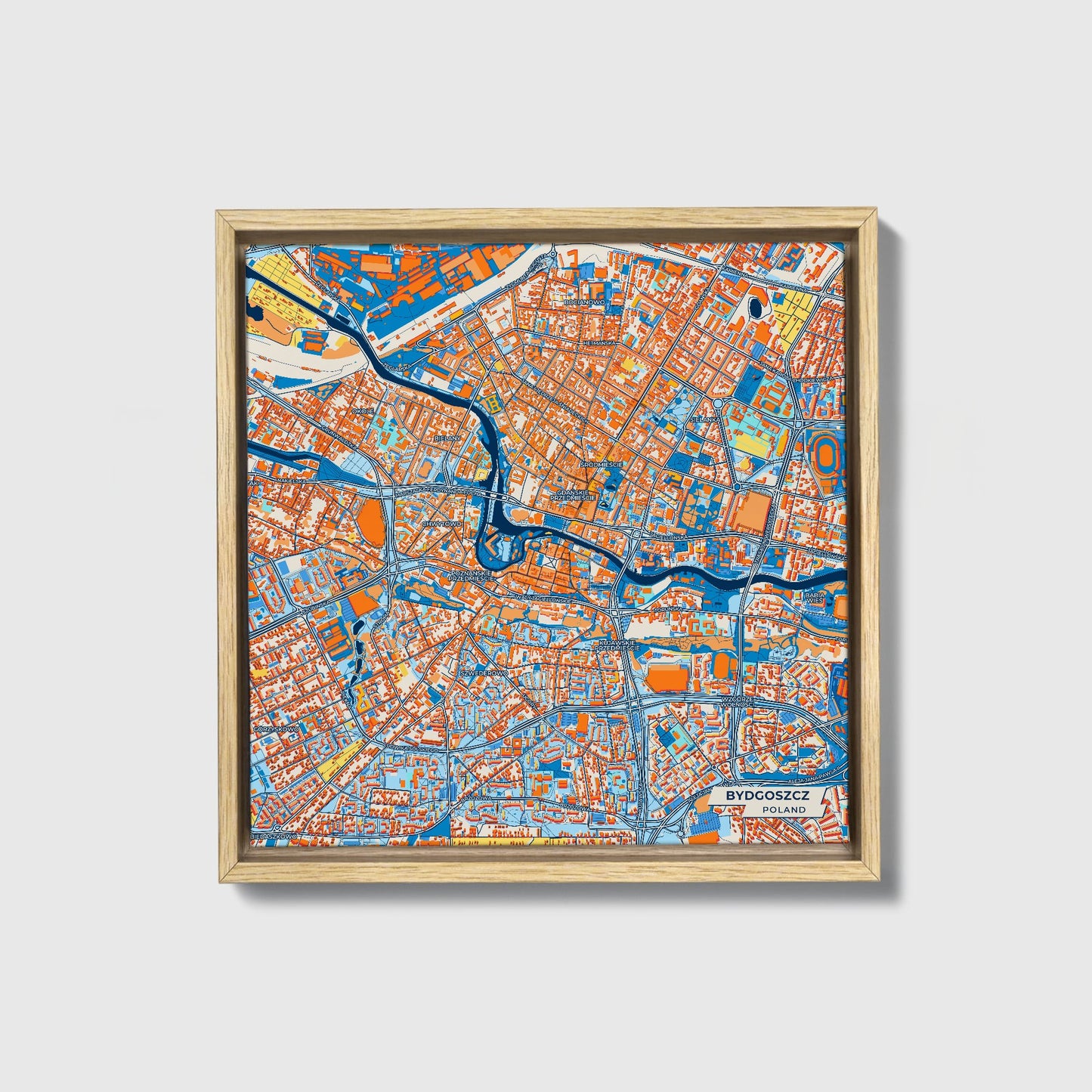 Bydgoszcz Poland Colorful City Map Canvas Print • Natural Wooden Framed