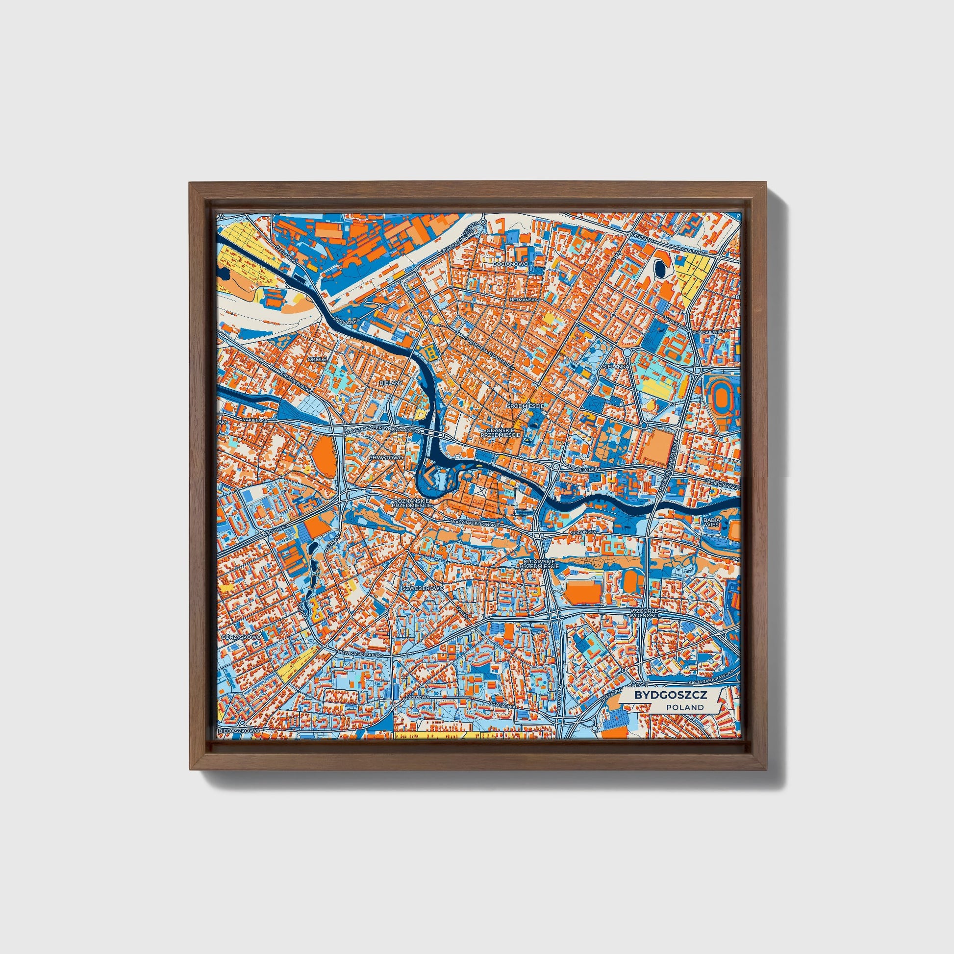 Bydgoszcz Poland Colorful City Map Canvas Print • Dark Wooden Framed