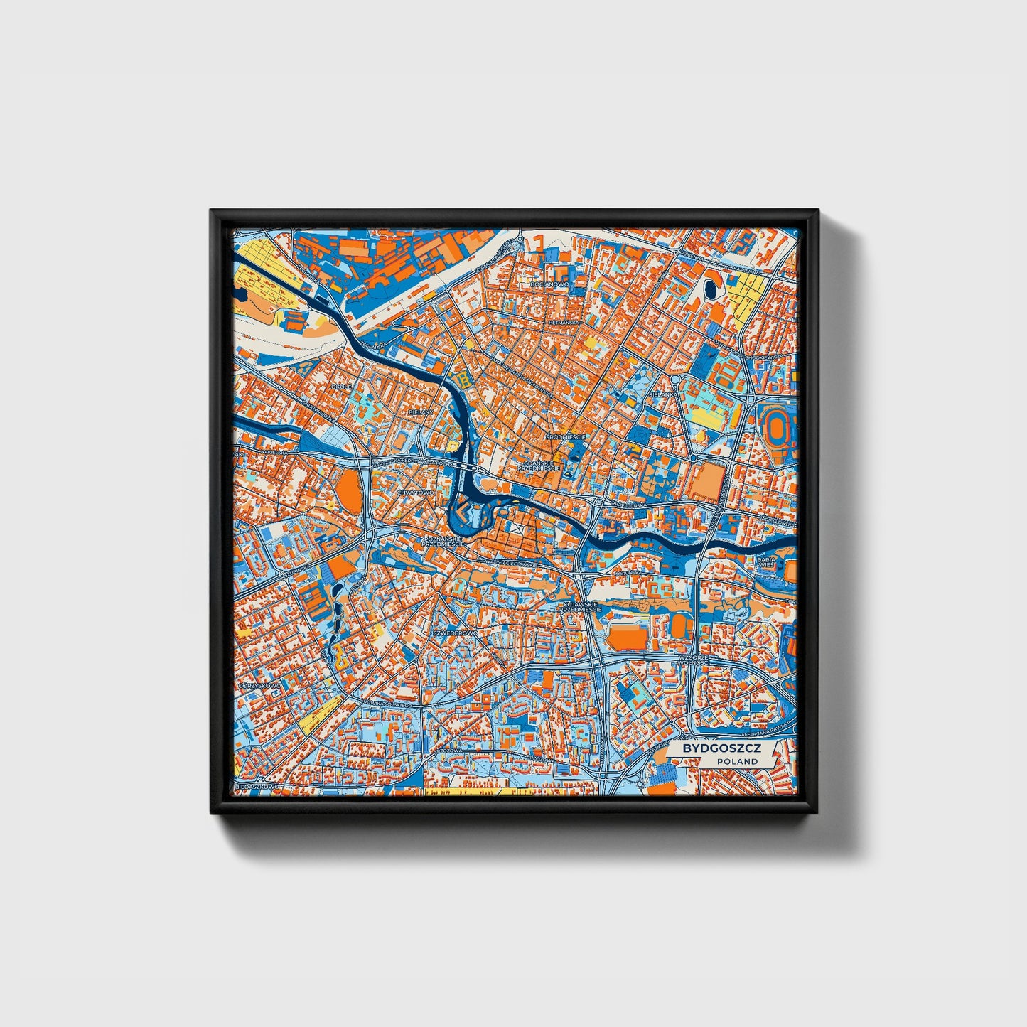 Bydgoszcz Poland Colorful City Map Canvas Print • Black Framed