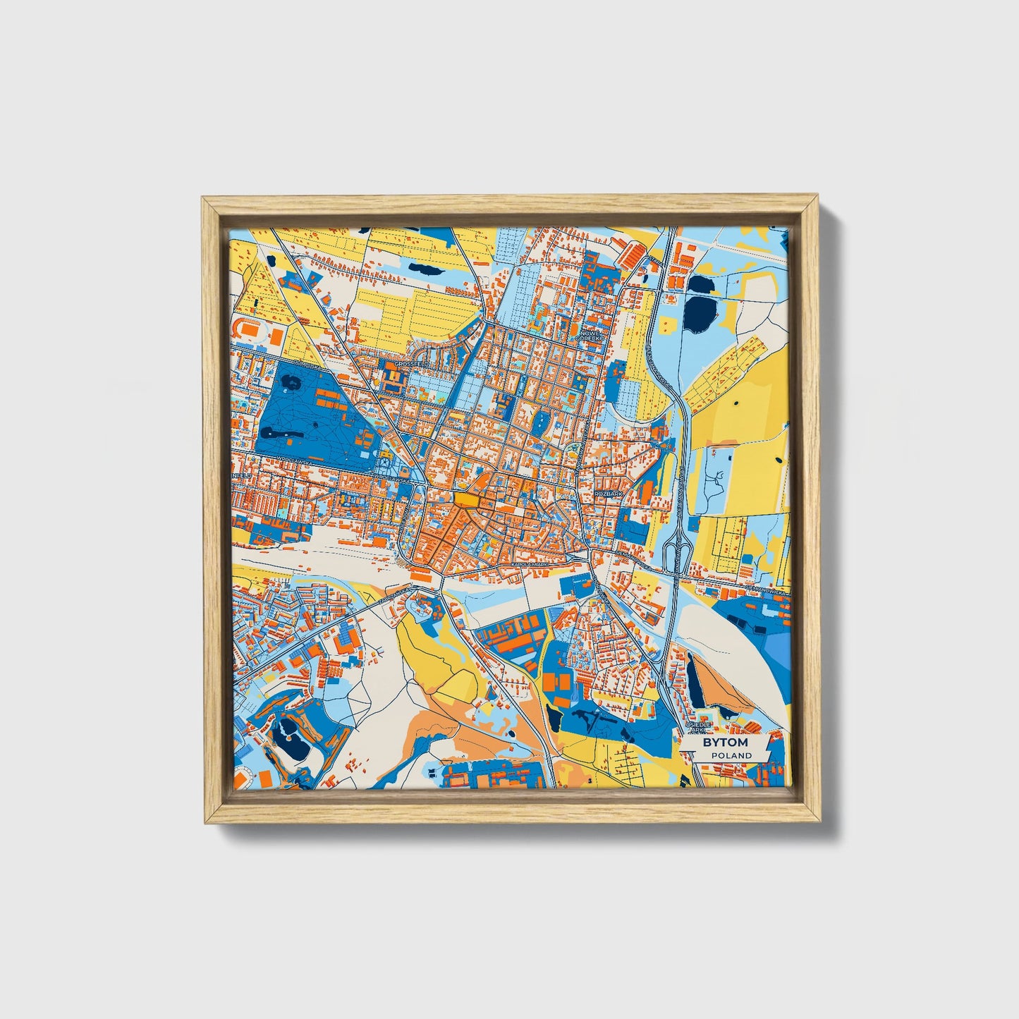 Bytom Poland Colorful City Map Canvas Print • Natural Wooden Framed