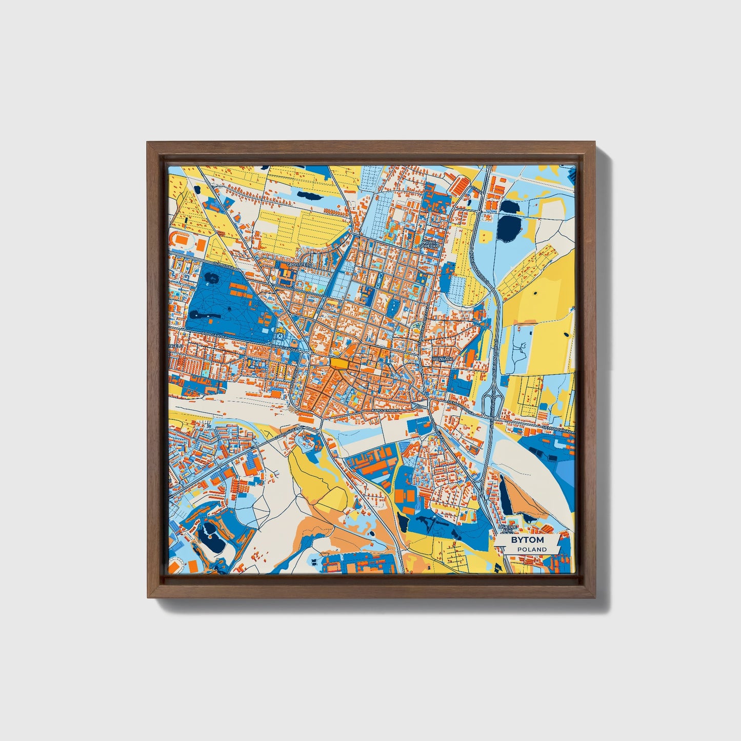 Bytom Poland Colorful City Map Canvas Print • Dark Wooden Framed