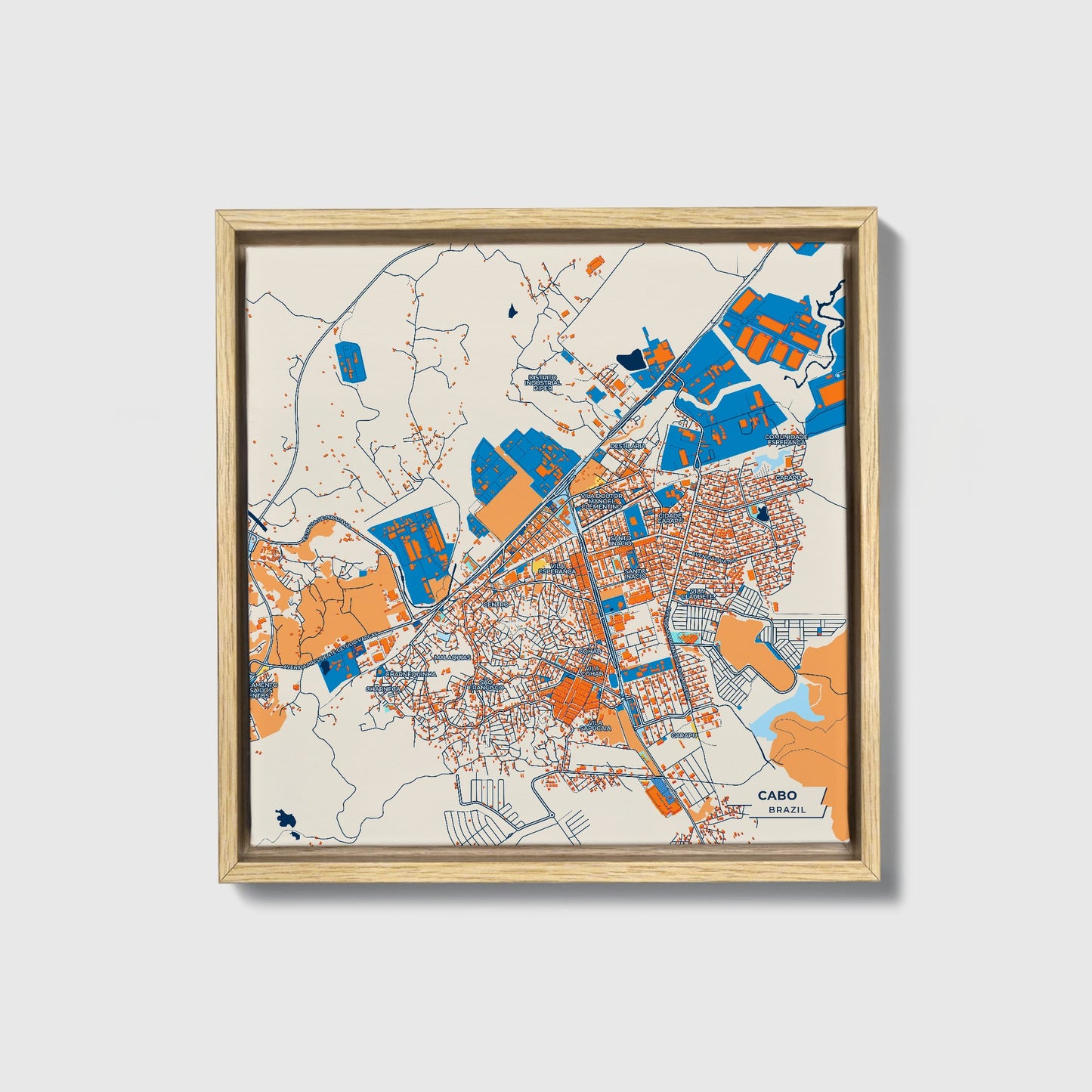 Cabo Brazil Colorful City Map Canvas Print • Natural Wooden Framed