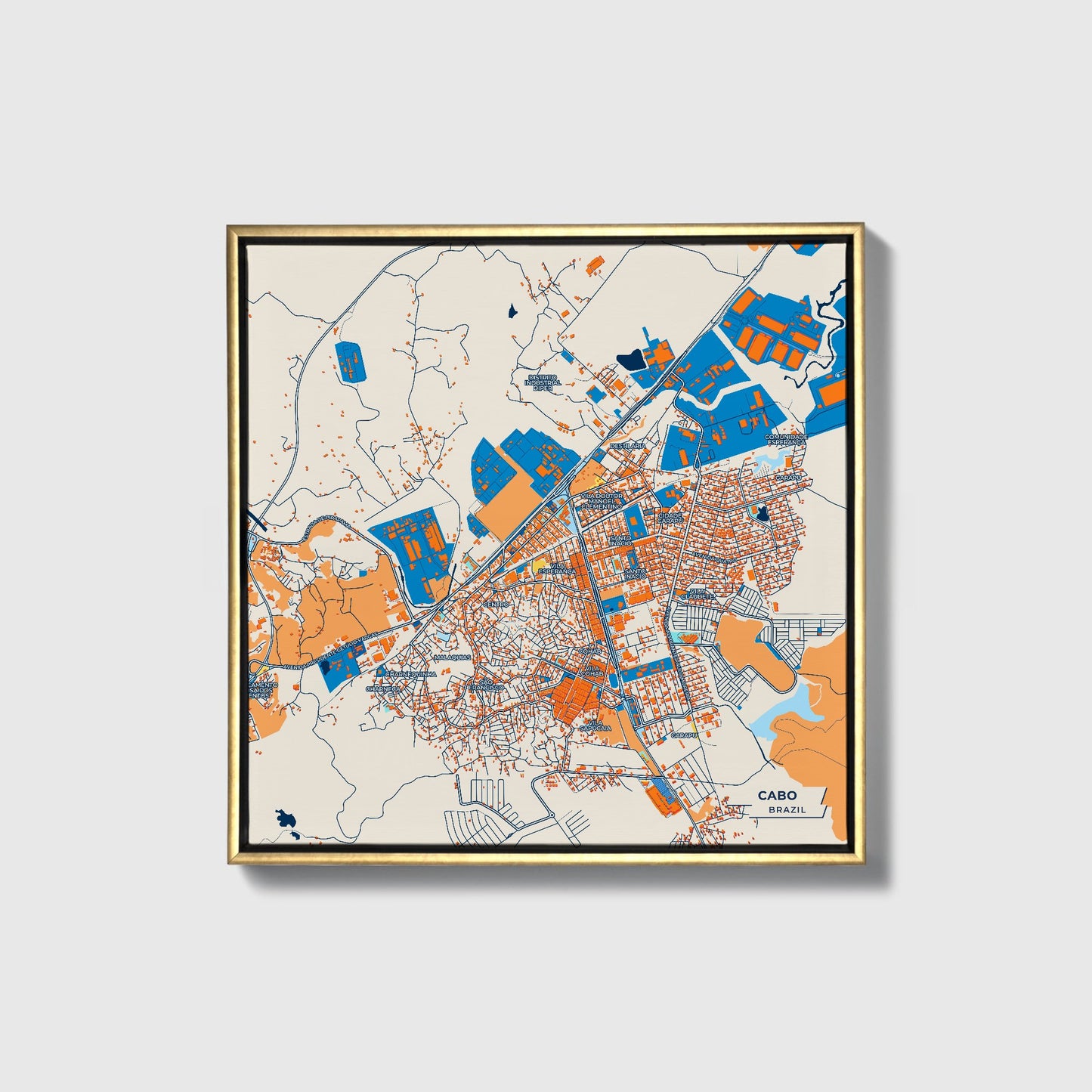Cabo Brazil Colorful City Map Canvas Print • Gold Framed
