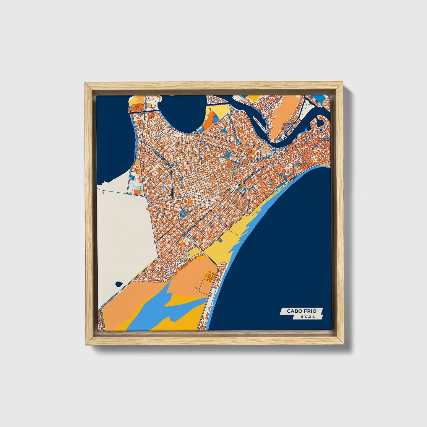 Cabo Frio Brazil Colorful City Map Canvas Print • Natural Wooden Framed