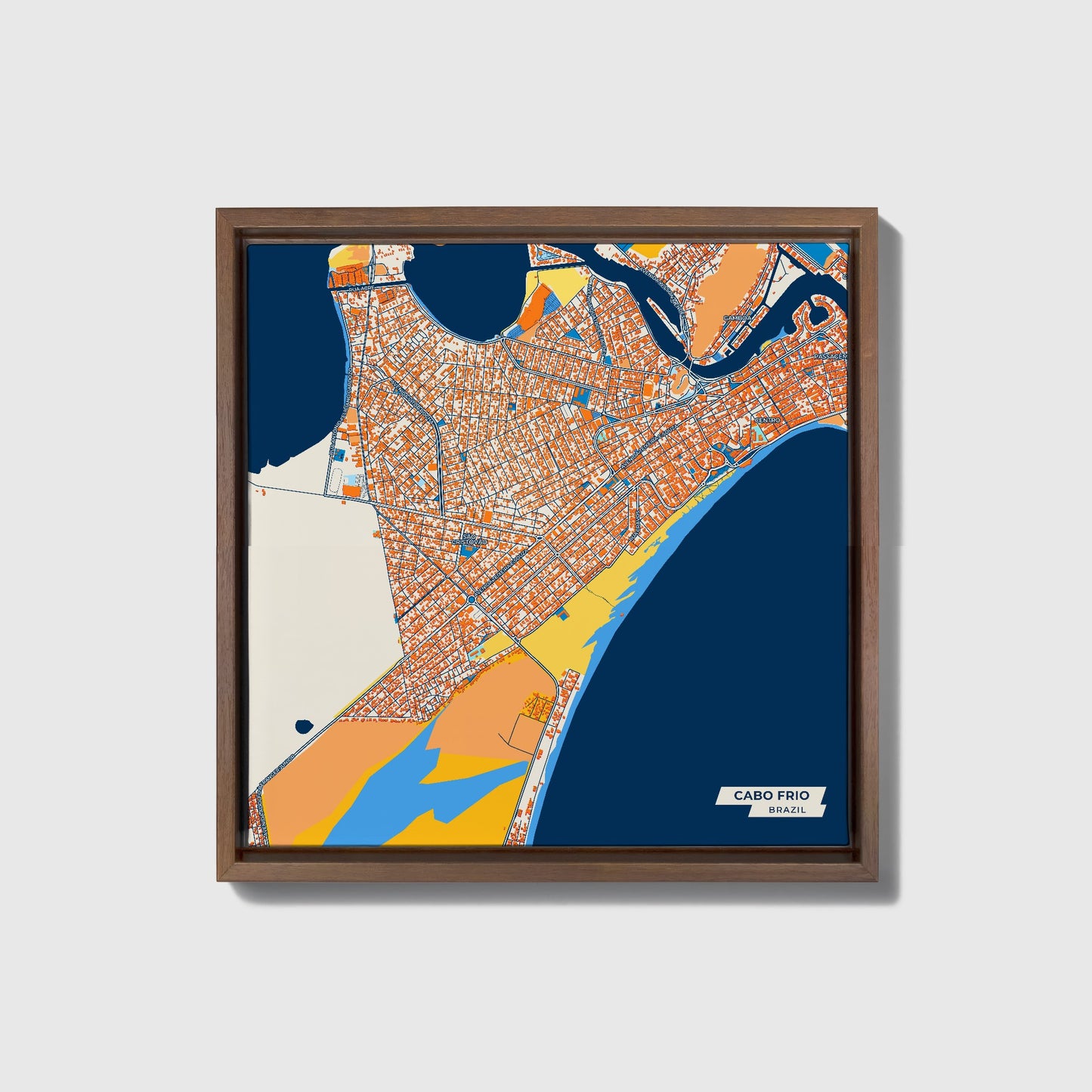 Cabo Frio Brazil Colorful City Map Canvas Print • Dark Wooden Framed