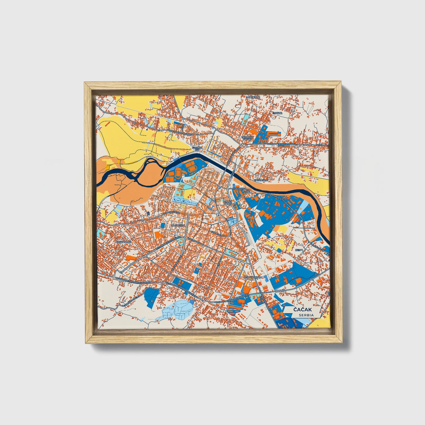 Чачак Serbia Colorful City Map Canvas Print • Natural Wooden Framed