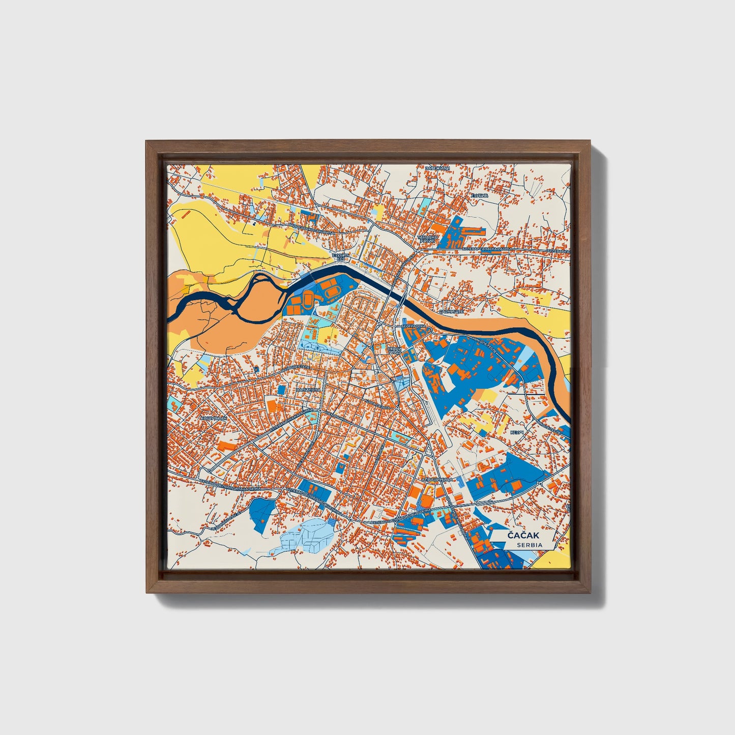 Чачак Serbia Colorful City Map Canvas Print • Dark Wooden Framed