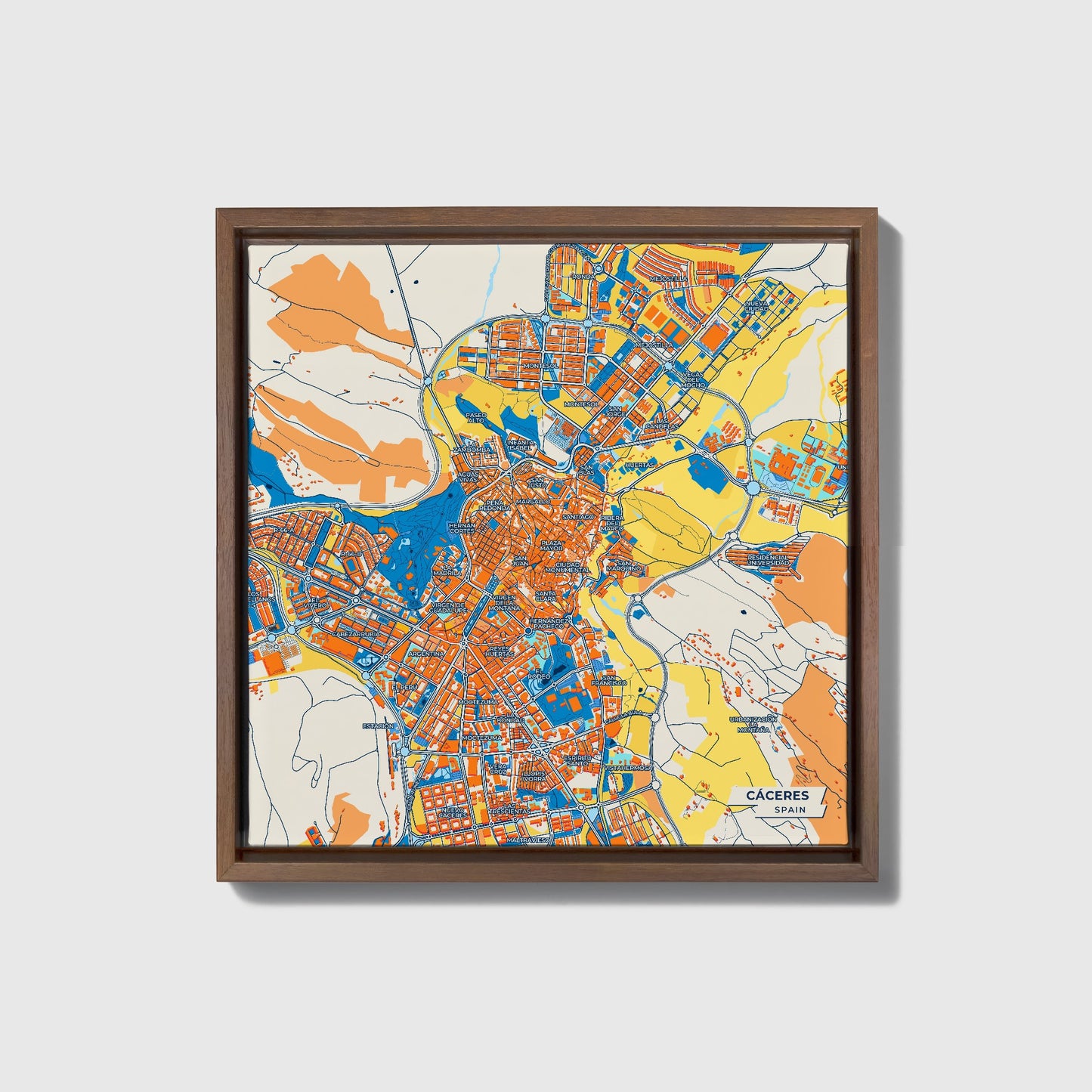 Cáceres Spain Colorful City Map Canvas Print • Dark Wooden Framed