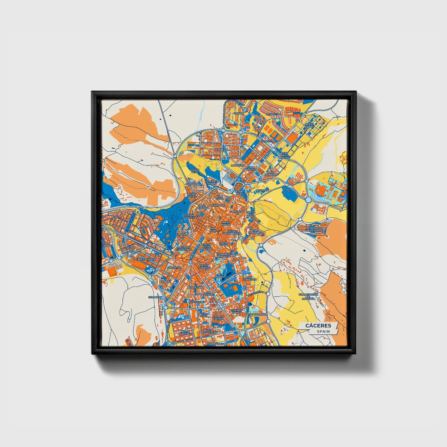 Cáceres Spain Colorful City Map Canvas Print • Black Framed