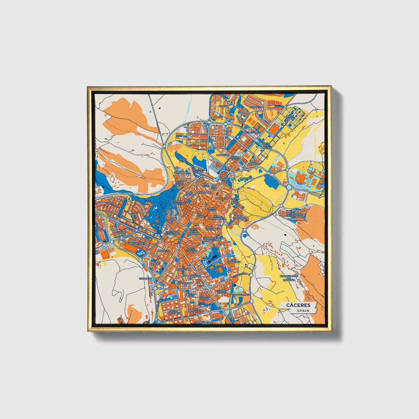 Cáceres Spain Colorful City Map Canvas Print • Gold Framed