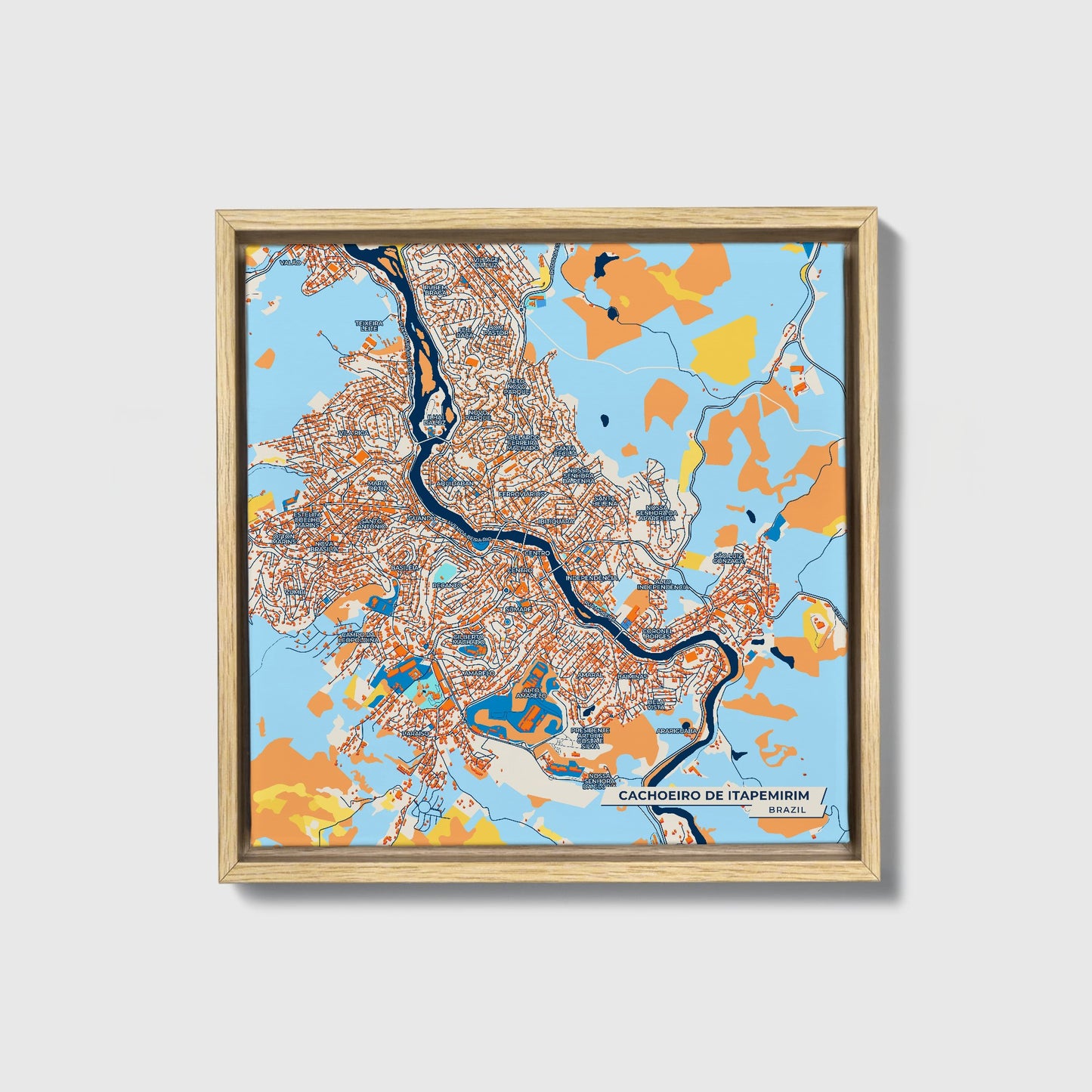 Cachoeiro De Itapemirim Brazil Colorful City Map Canvas Print • Natural Wooden Framed