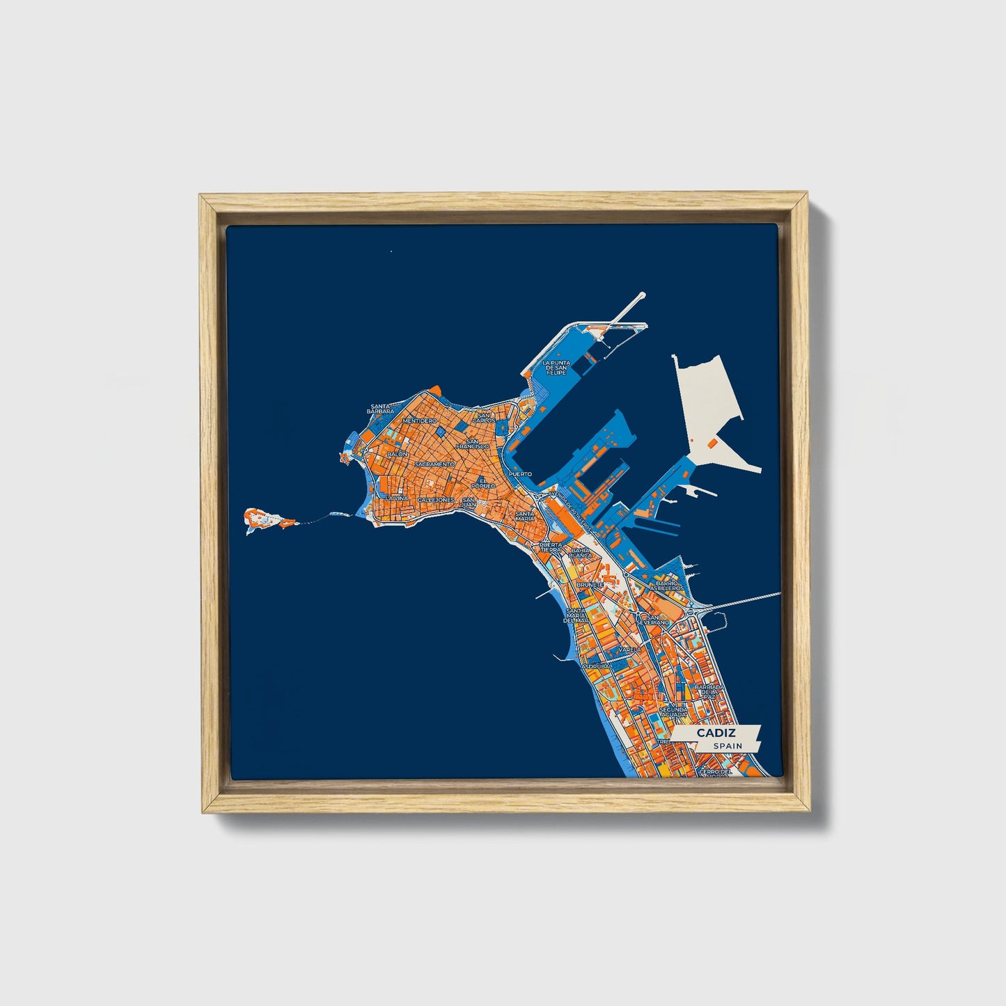 Cadiz Spain Colorful City Map Canvas Print • Natural Wooden Framed