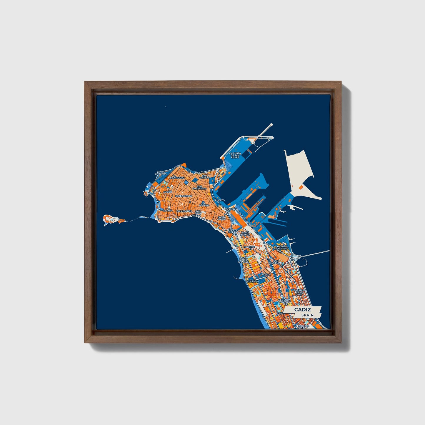 Cadiz Spain Colorful City Map Canvas Print • Dark Wooden Framed