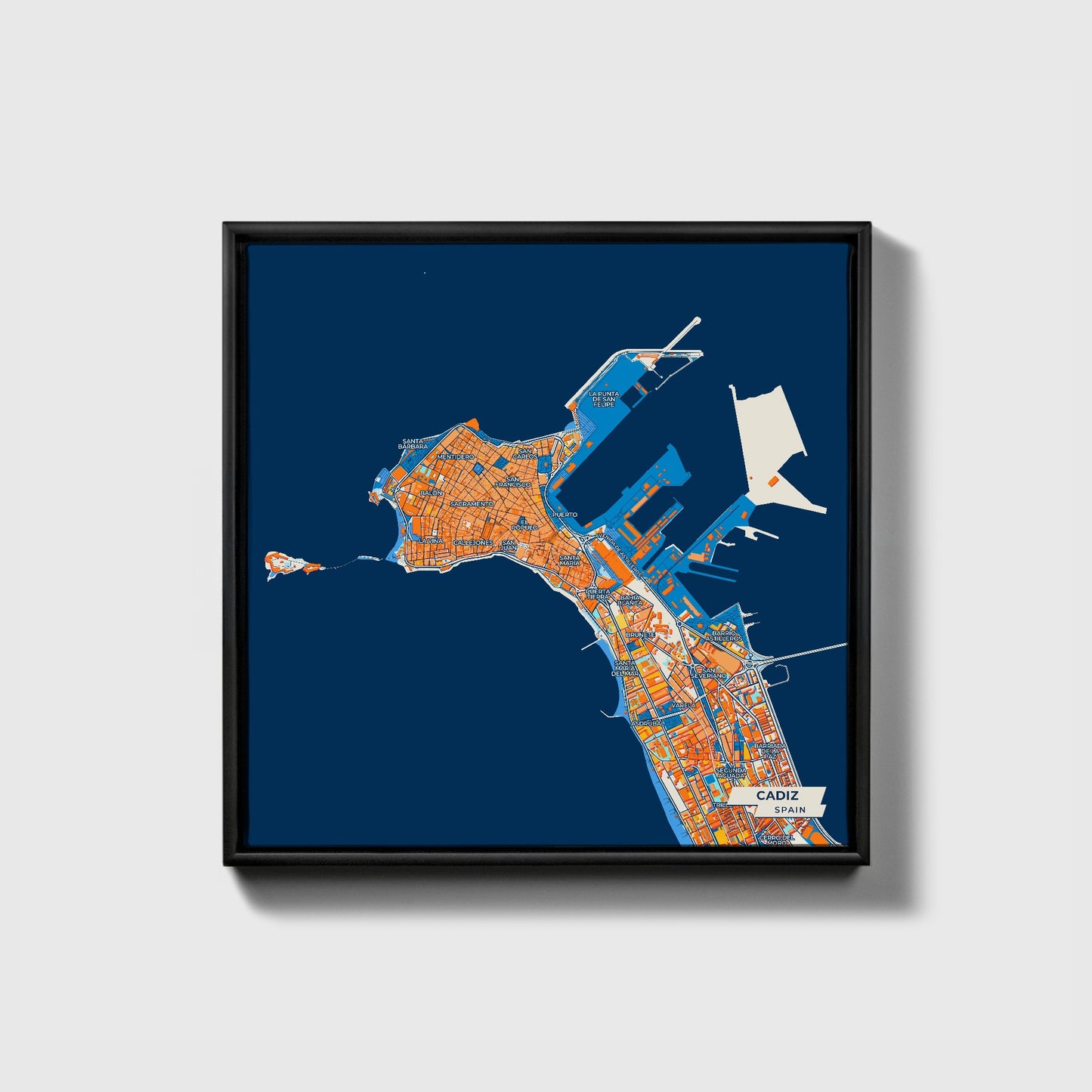 Cadiz Spain Colorful City Map Canvas Print • Black Framed