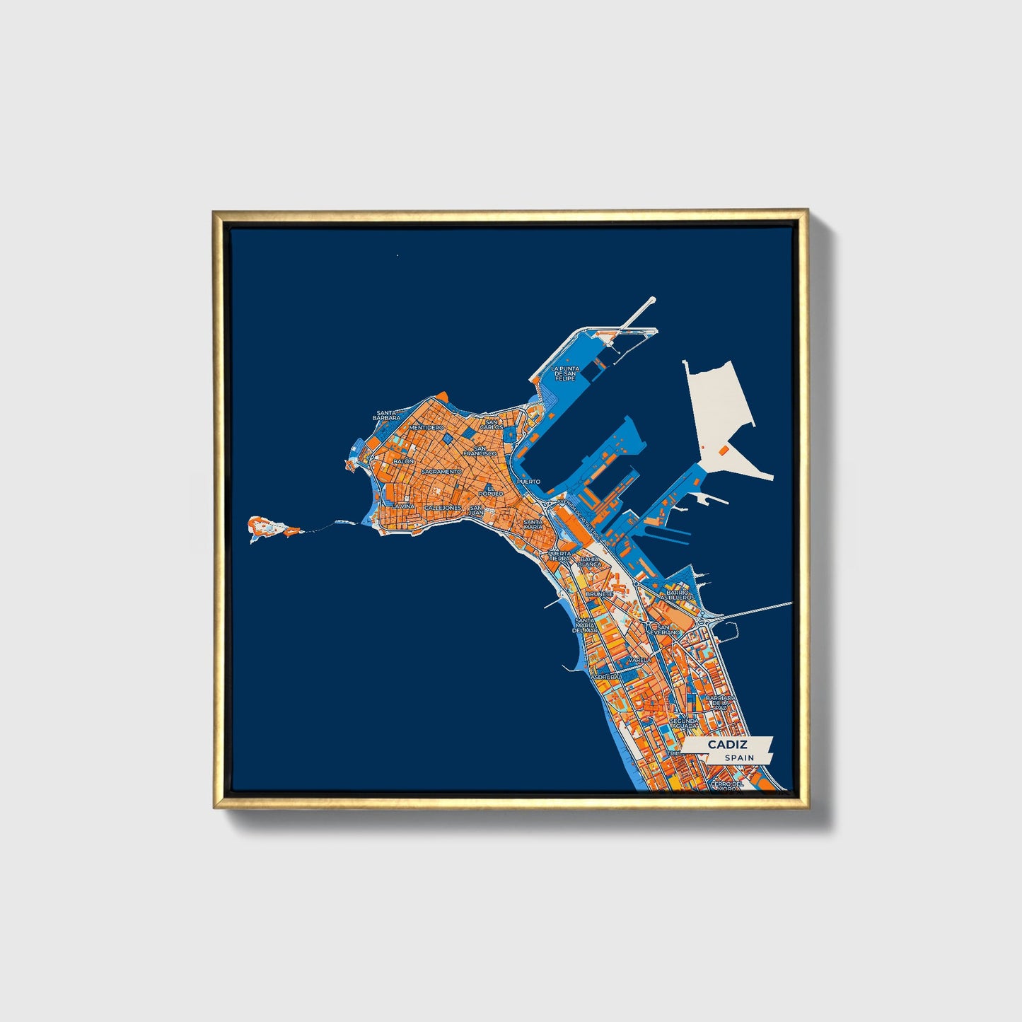 Cadiz Spain Colorful City Map Canvas Print • Gold Framed
