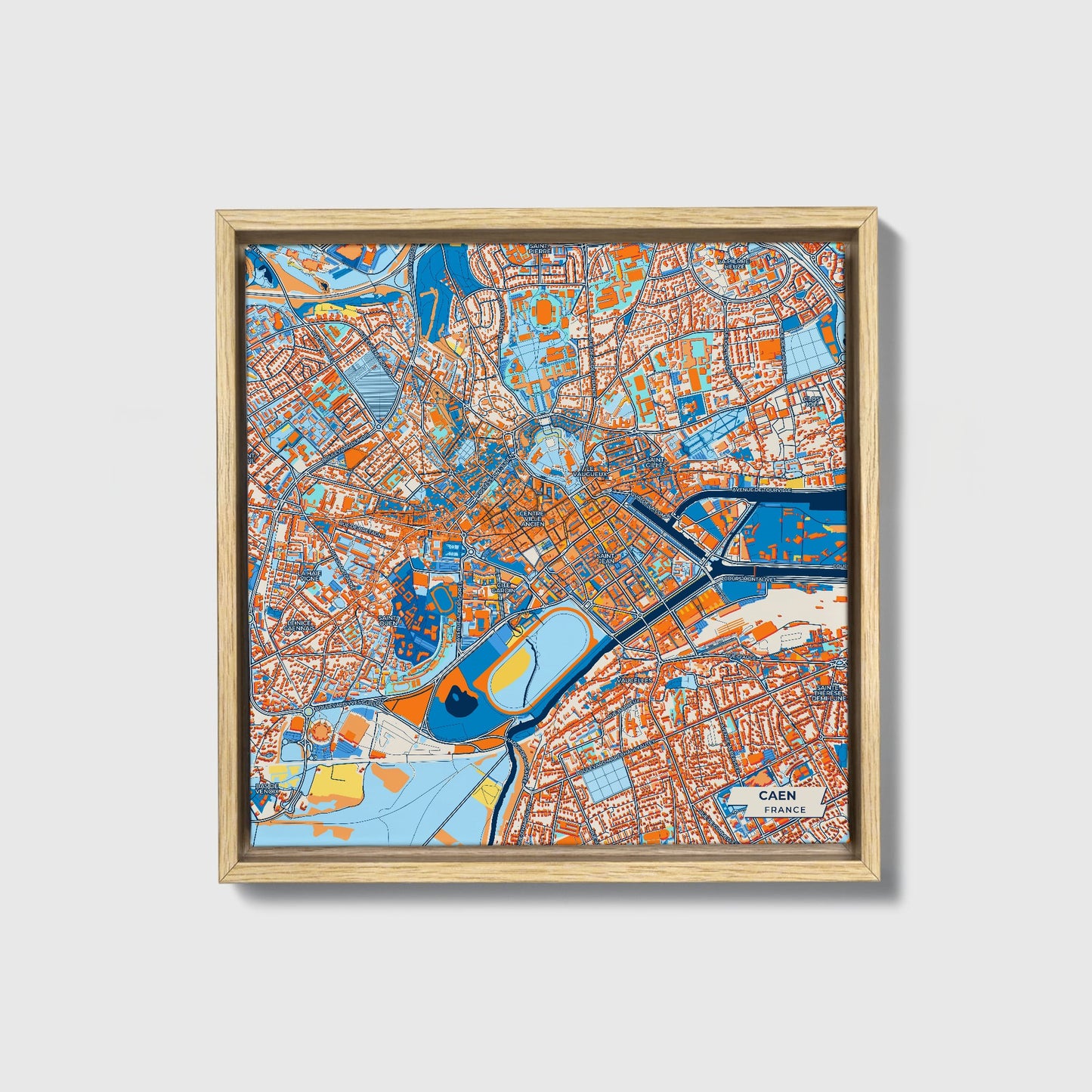 Caen France Colorful City Map Canvas Print • Natural Wooden Framed