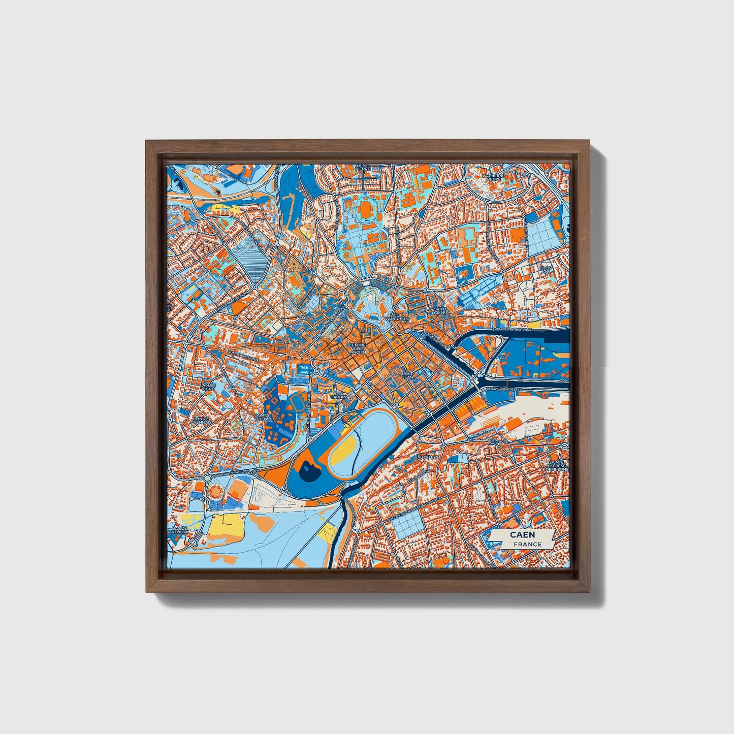 Caen France Colorful City Map Canvas Print • Dark Wooden Framed