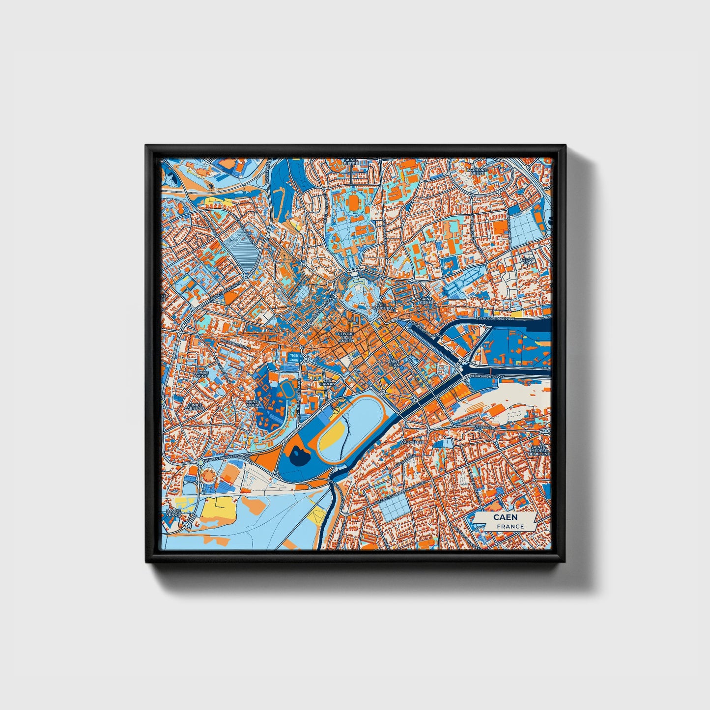 Caen France Colorful City Map Canvas Print • Black Framed