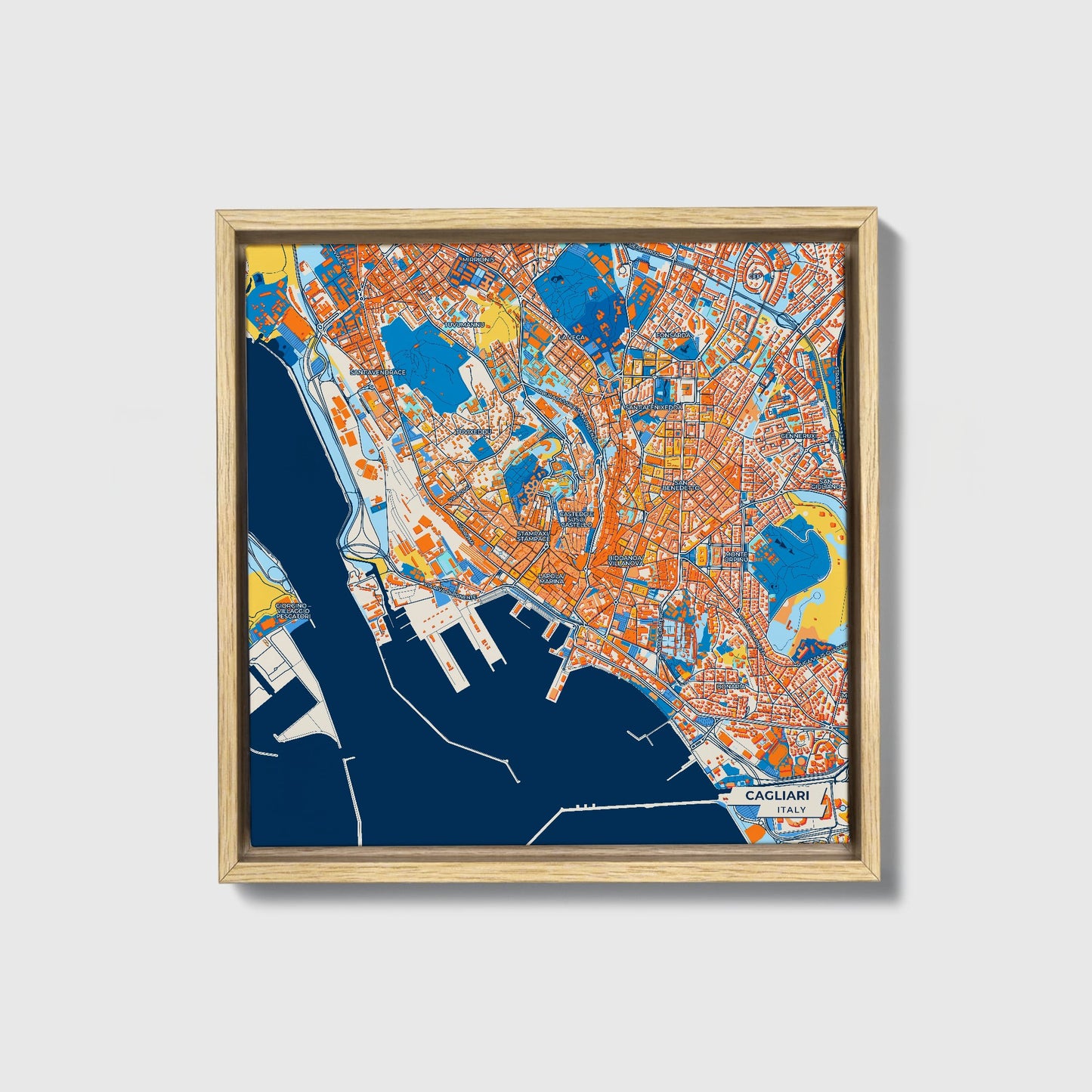 Cagliari Italy Colorful City Map Canvas Print • Natural Wooden Framed